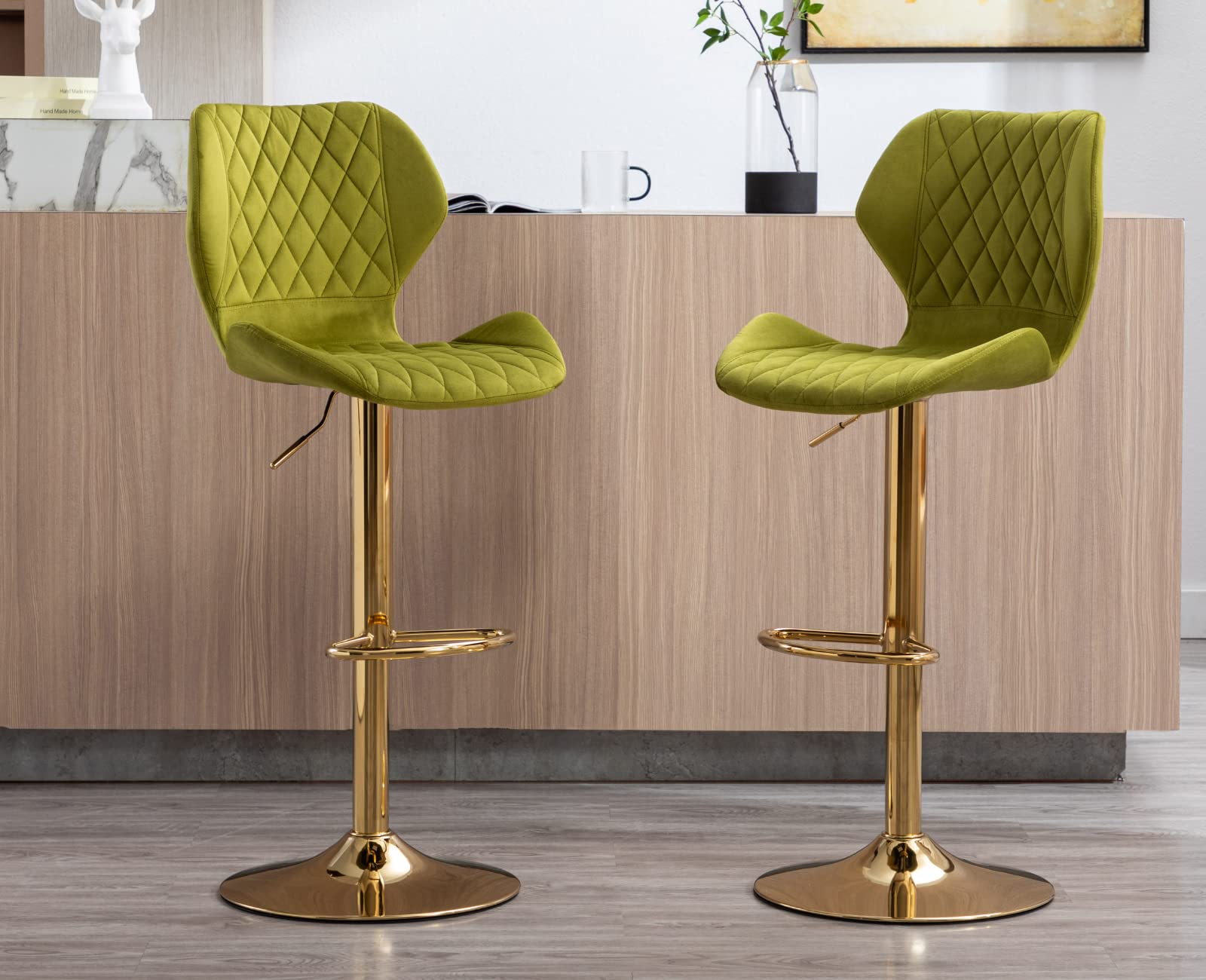 EALSON Velvet Bar Stools Set of 4 - Modern Swivel Counter Height Bar Chairs with Back & Gold Base - Adjustable Kitchen Island Stools for Home Bar, Dining Room, Restaurant & Cafe - Green Velvet Upholstery