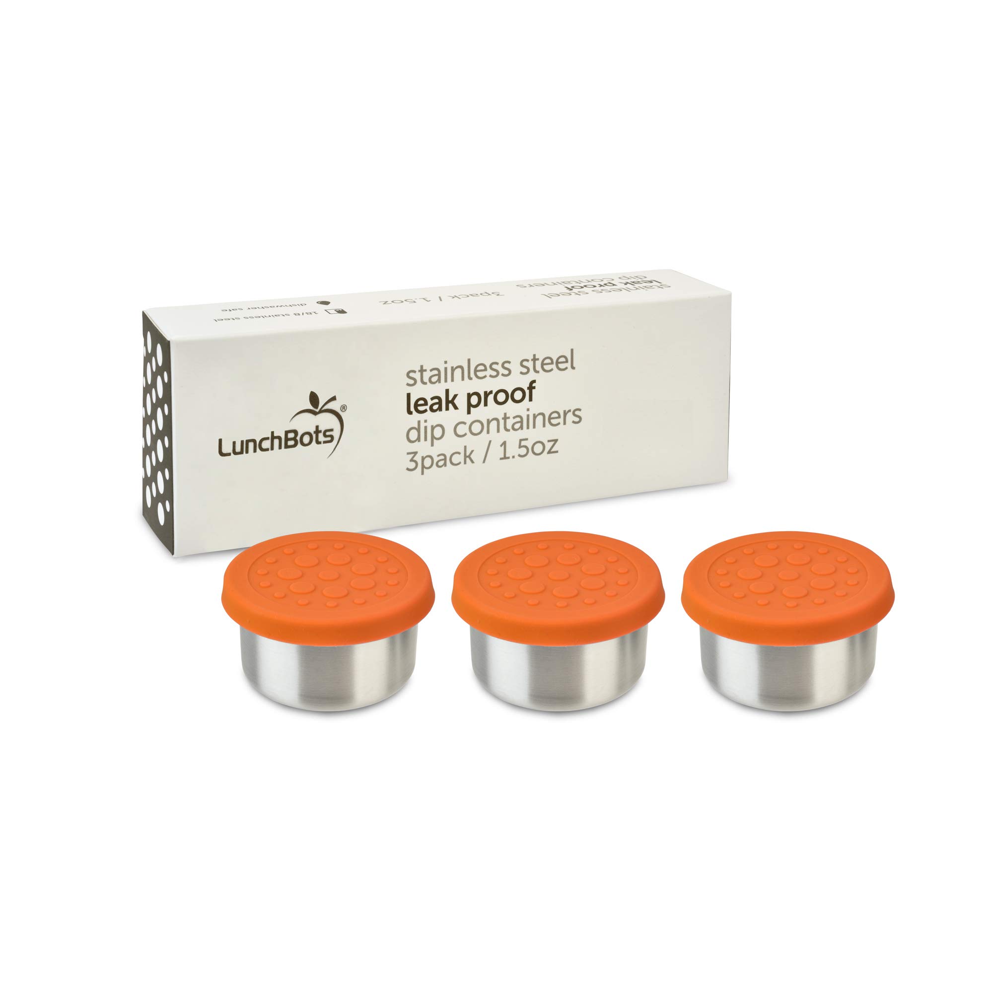 LunchBots 1.5oz Leak Proof Stainless Steel Condiment Containers with Silicone Lids - Set of 3 Small Dip Containers for Bento Boxes, Lunch Bags & On-the-Go Snacks - Dishwasher Safe, Food Grade, Spill Proof - Orange Color