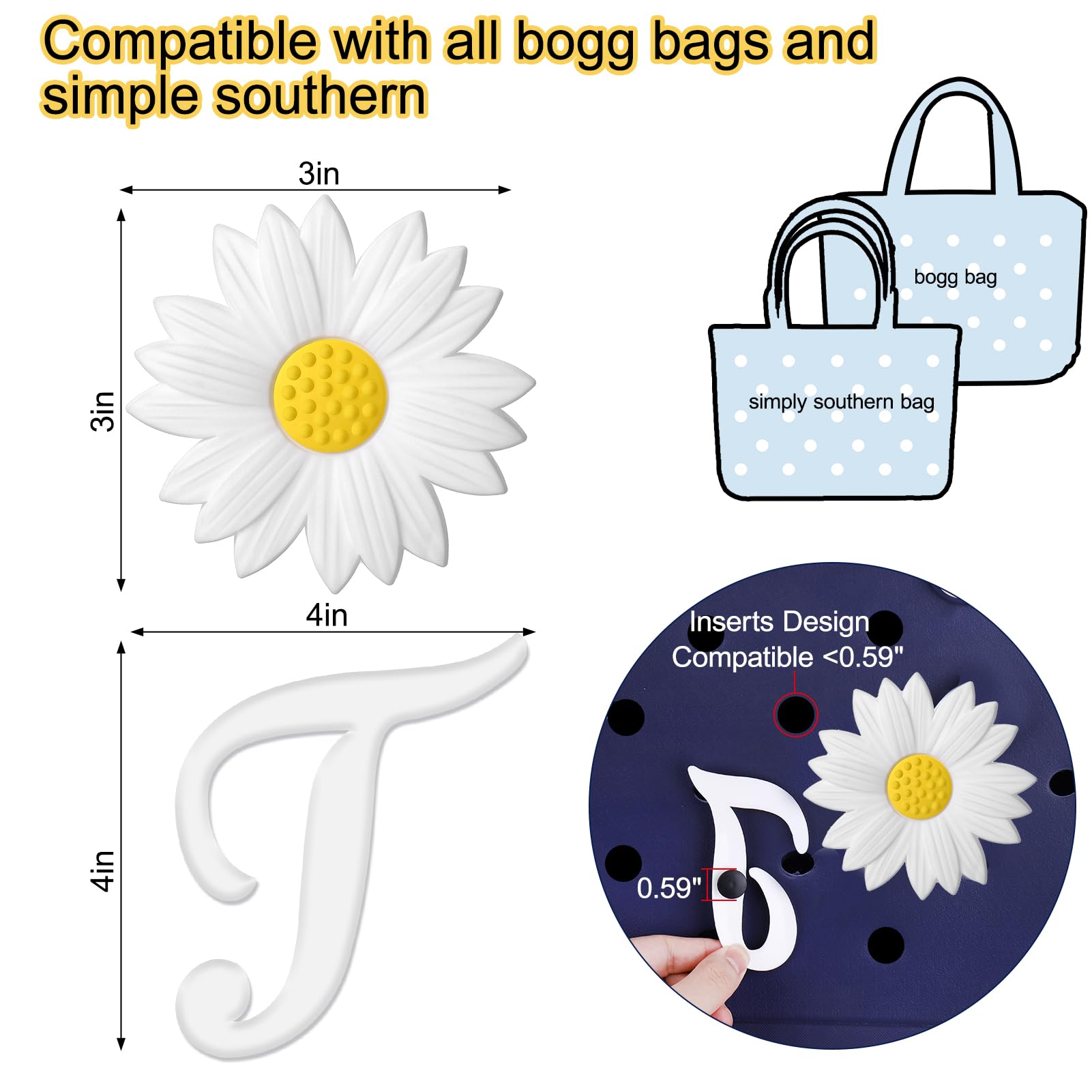 Bogg Bag Charms - 2pcs Letter & Flower Accessories for Beach Bags (T+Daisy) | Perfect for Summer Outings