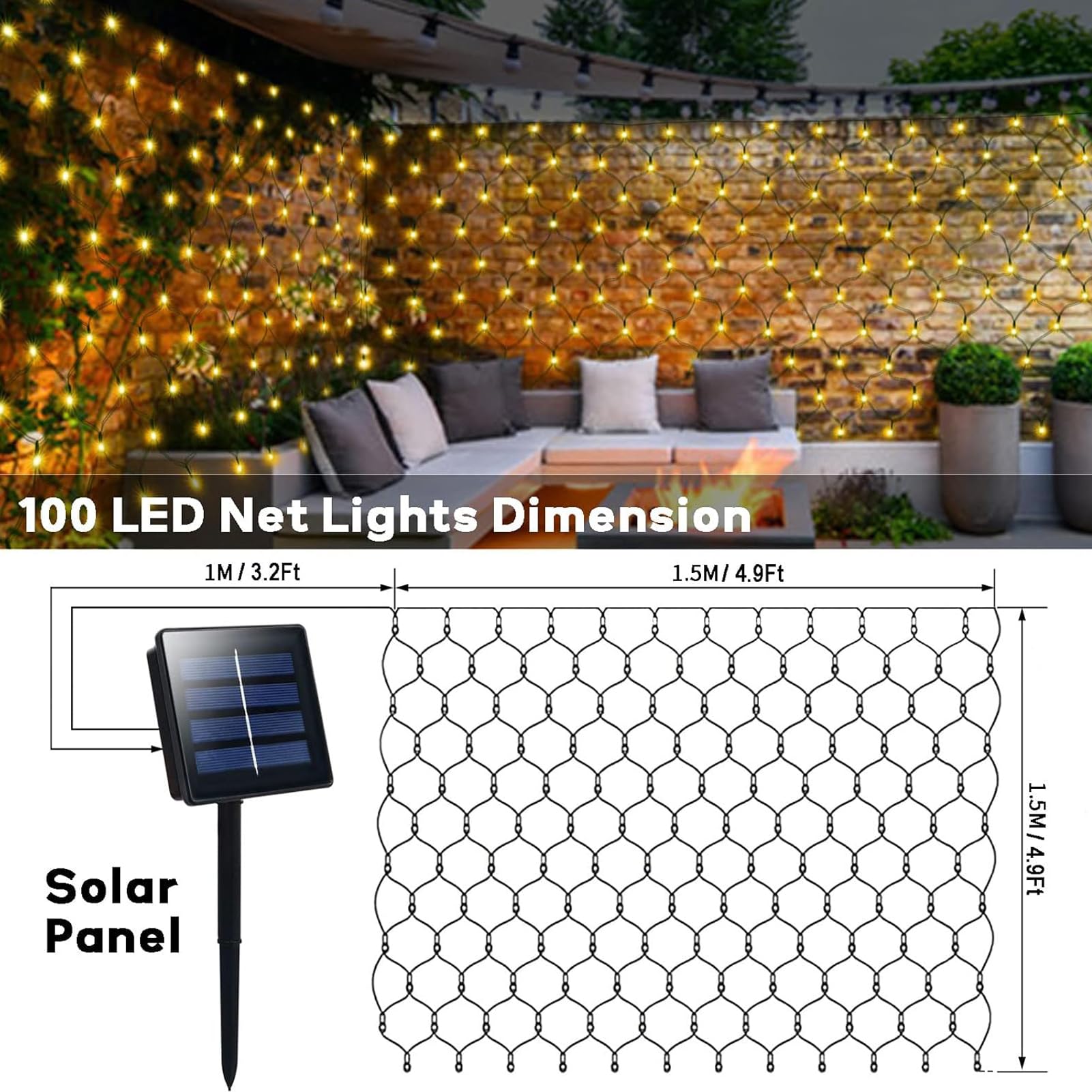 DBFAIRY 100 LED Solar Net Lights Outdoor - 4.9ft x 4.9ft Solar Powered Mesh Lights with Dark Green Cable, Auto On/Off & 8 Lighting Modes - Perfect for Backdrop, Tree Wrapping, Camping Decoration (Warm White)