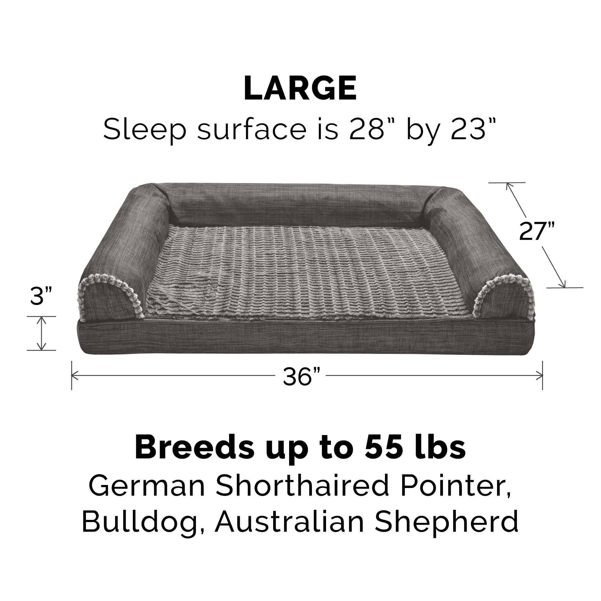 Furhaven Orthopedic Memory Foam Dog Bed for Large & Medium Dogs - Removable Bolsters & Machine Washable Cover - Supports Up to 55 lbs - Plush Faux Fur & Durable Linen Sofa Design - Charcoal Grey - Perfect for Living Room, Bedroom or Crate Comfort