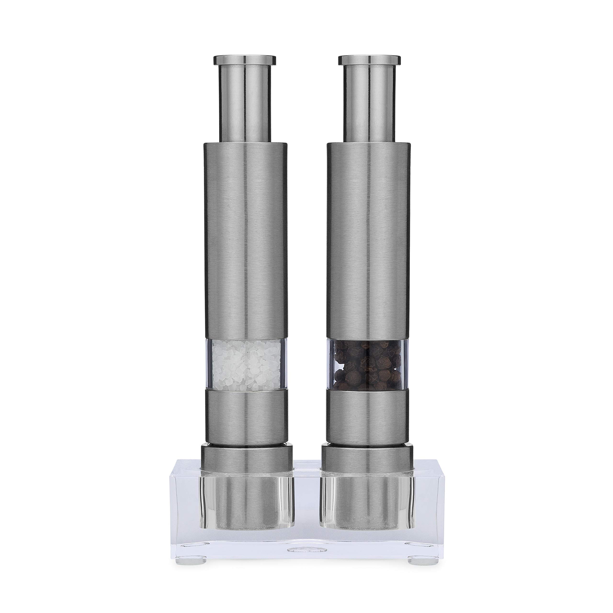 Premium Refillable Salt and Pepper Grinder Set - Thumb Press Design with Black Pepper & Sea Salt - Includes Stand - Works with Himalayan & Gourmet Salts - Perfect for Kitchen, Dining Table & Gift Giving