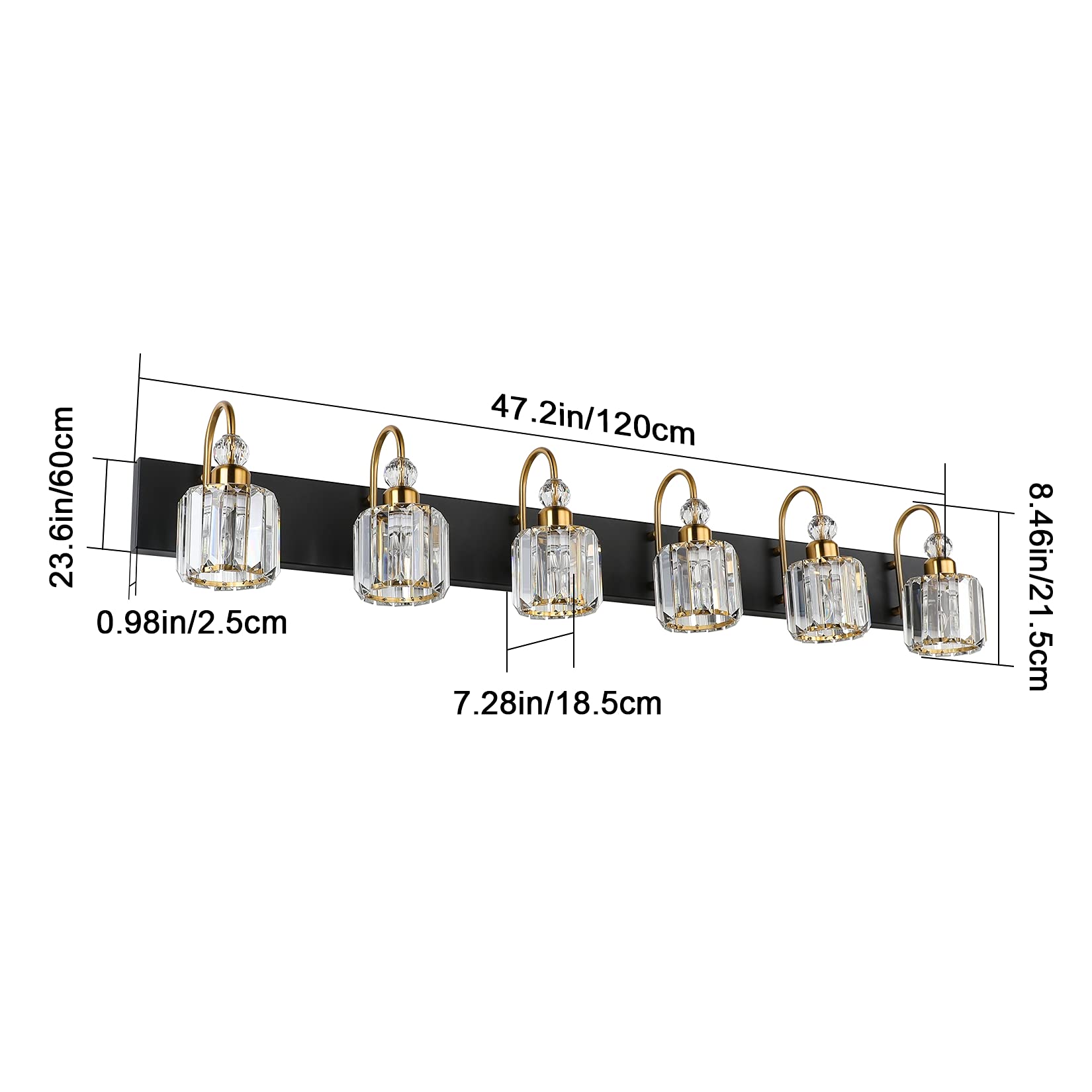 Ralbay 6-Light Modern Crystal Bathroom Vanity Light Fixture - Black Gold Finish for Mirror Lighting, Elegant Bathroom Decor, Spa & Dressing Room Illumination