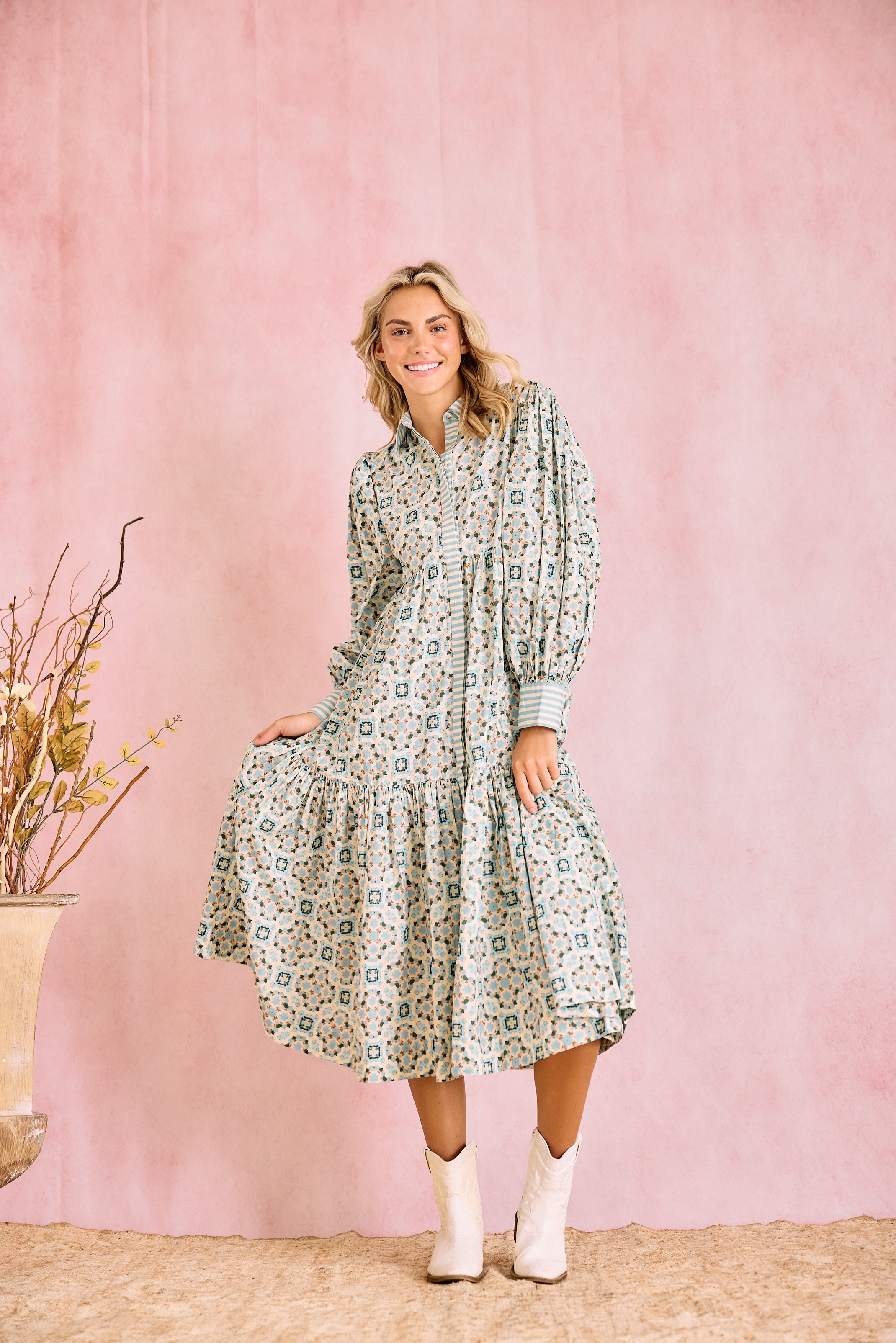 Laura Long Sleeve Quatrefoil Print Dress in Blue & Ivory - Elegant Office Wear & Casual Party Outfit