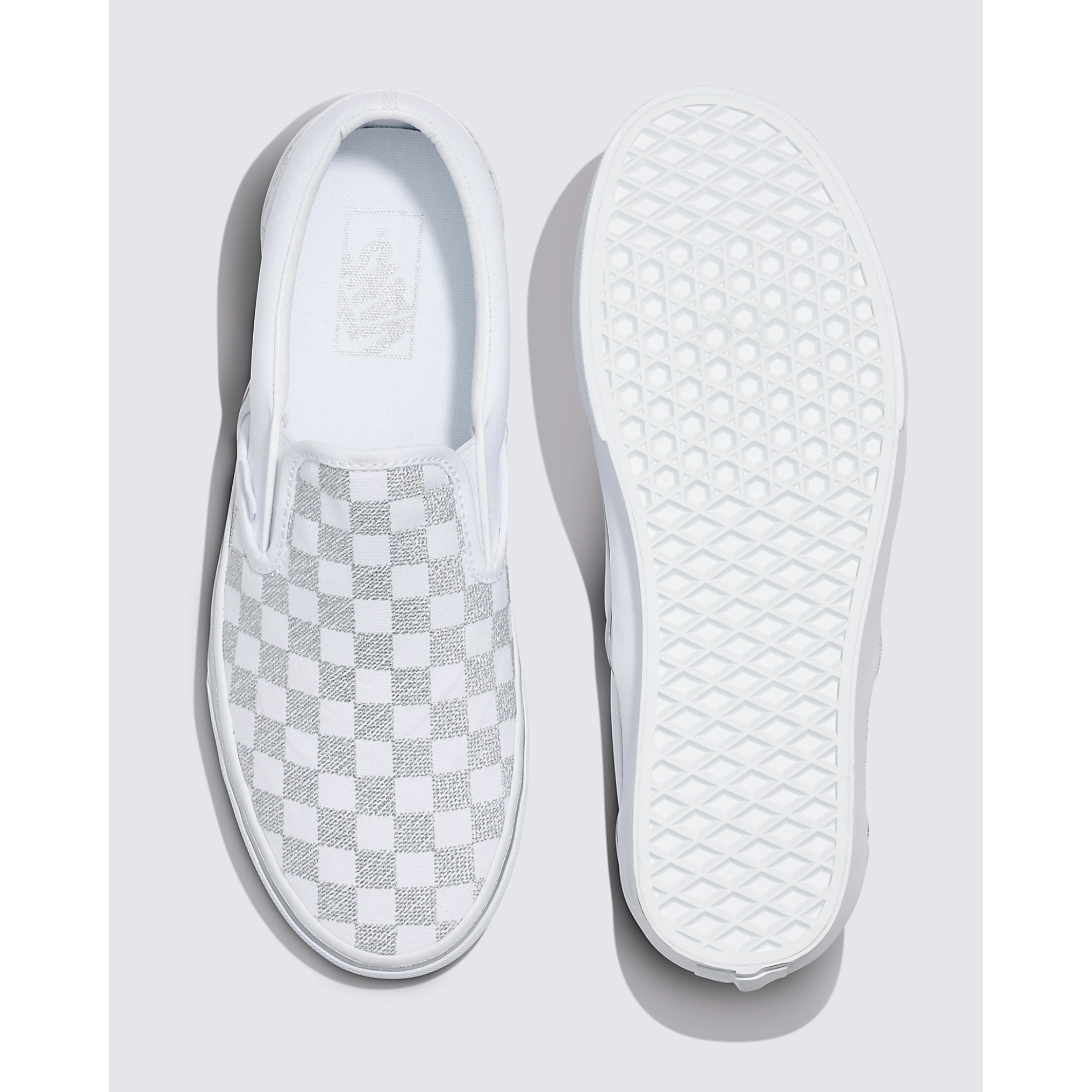 Vans Classic Slip-On Checkerboard Sneakers in Metallic True White | Skate Shoes for Men & Women | Perfect for Casual Wear, Street Style & Skateboarding