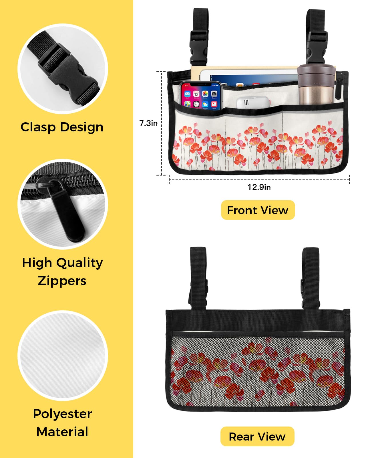 Wheelchair Side Storage Bag - 7.3x13 Inch Walker Accessory with Poppy Floral Design for Mobility Scooters & Folding Walkers | Durable Organizer for Medical Supplies, Personal Items & Daily Essentials