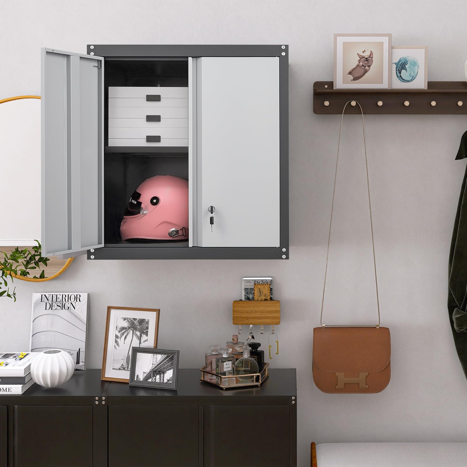 Metal Wall Mounted Storage Cabinet with Adjustable Shelves & Locking Doors - Heavy Duty Steel Garage Cabinet for Home Office, Utility Room & Workshop Organization