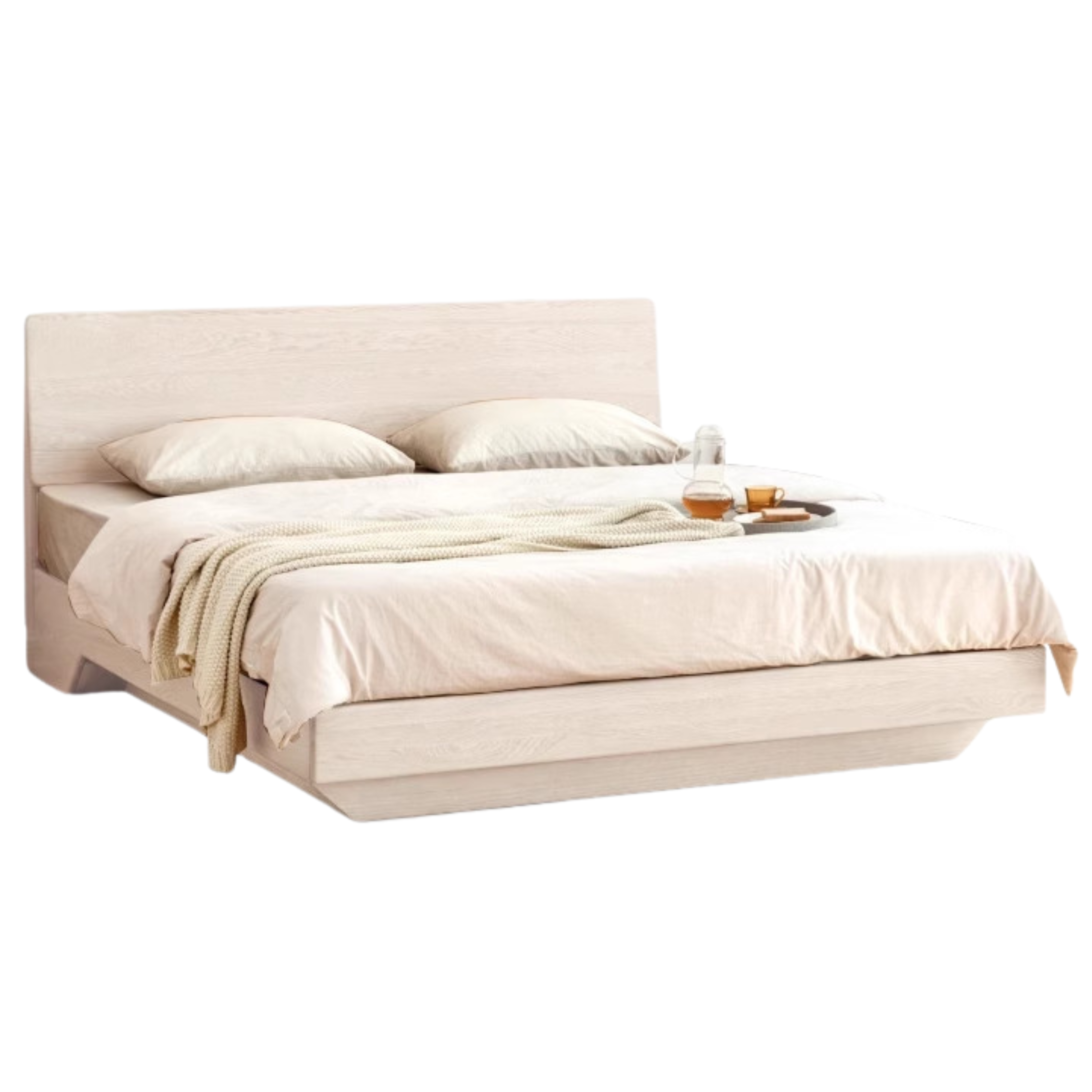 Solid Oak & Black Walnut Wood Floating Platform Bed with LED Lighting - Modern Bedroom Furniture for Contemporary Home Decor