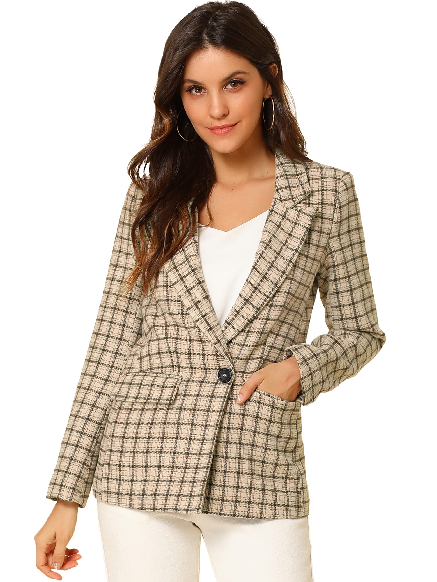 Allegra K Women's Notched Lapel Single Button Boyfriend Blazer Jacket - Plaid Suit Jacket for Office, Business & Casual Outfits