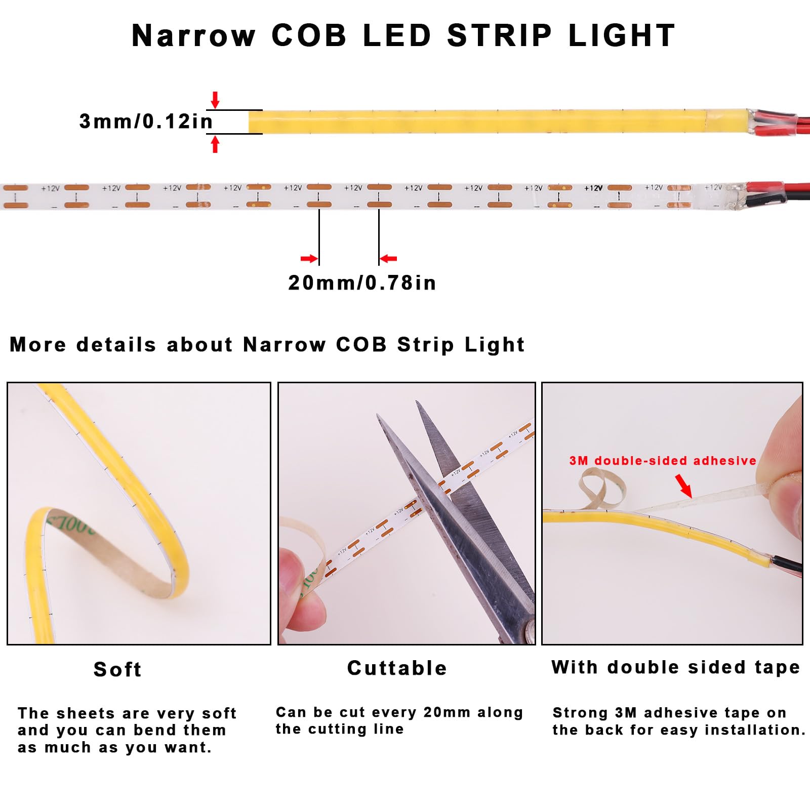 TOPAI 5M COB LED Strip Light 12V 6000K Cool White - Ultra Thin 3mm Flexible Adhesive Tape, 384LEDs/M High Brightness CRI90+ Dimmable Cuttable LED Strips for Home Kitchen Cabinet Lighting, Bedroom Decor, TV Backlight
