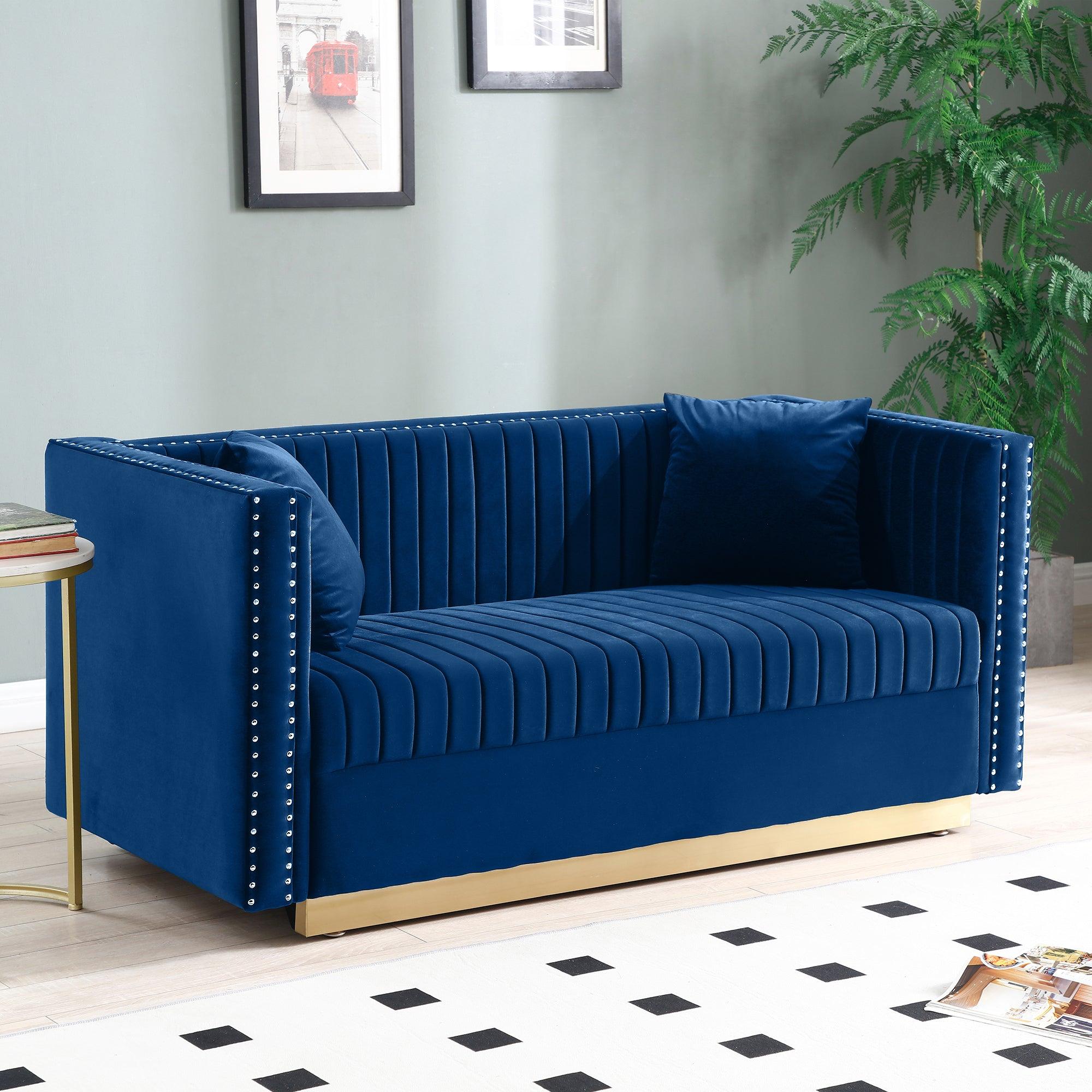 Modern Vertical Channel Tufted Velvet Loveseat - 2-Seater Upholstered Sofa for Living Room & Apartment with 2 Pillows (Blue) | Perfect for Small Spaces, Cozy Lounging & Contemporary Home Decor