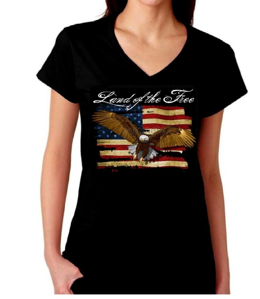 Lucky Ride Land of The Free USA Flag Women's V-Neck T-Shirt - Patriotic American Flag Tee for Women - Perfect for 4th of July, Memorial Day & Casual Wear