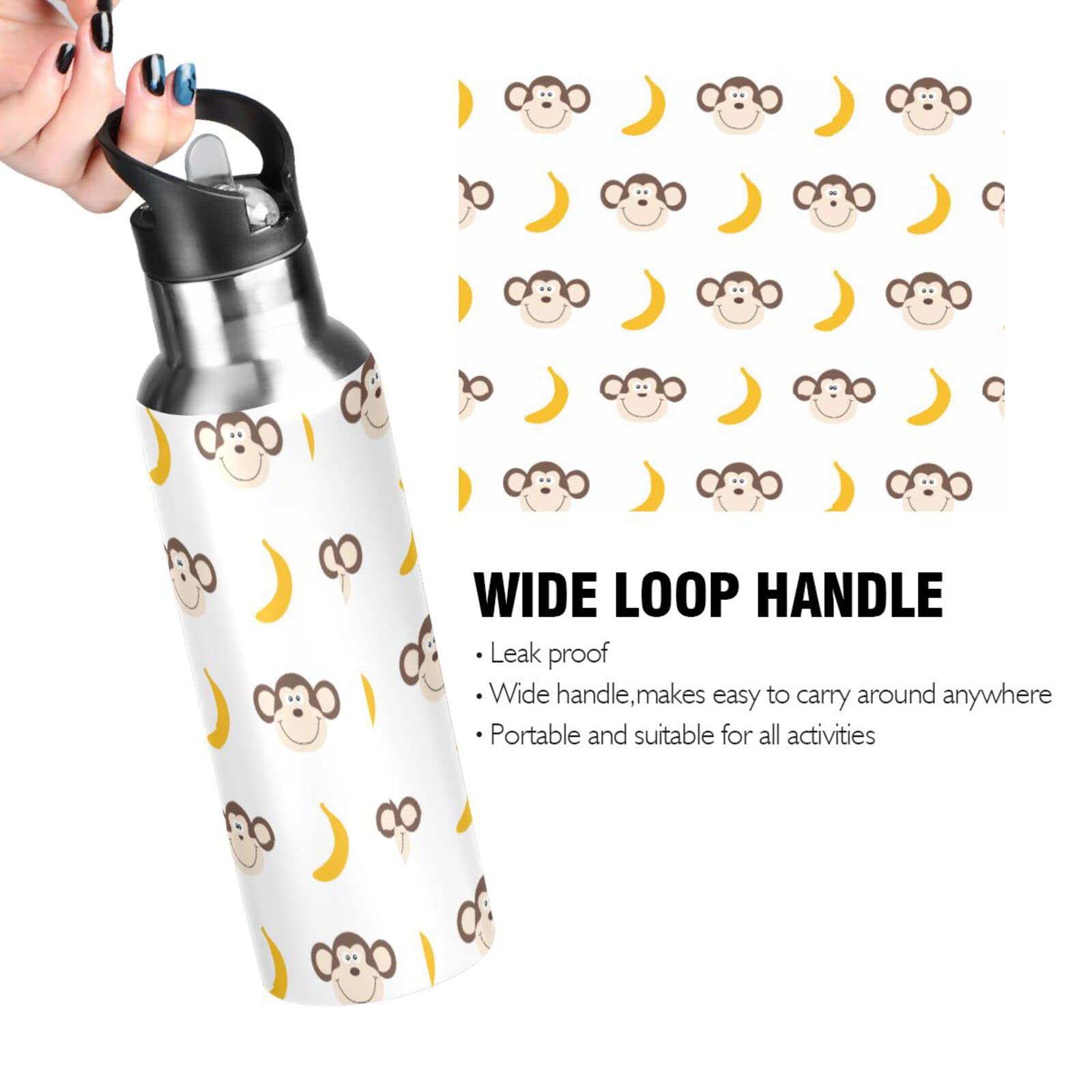 Monkey Banana Insulated Stainless Steel Water Bottle with Straw Lid - 20oz BPA-Free Vacuum Flask for Hiking, Camping, Gym & Outdoor Activities | Leakproof Handle Design for Kids & Adults