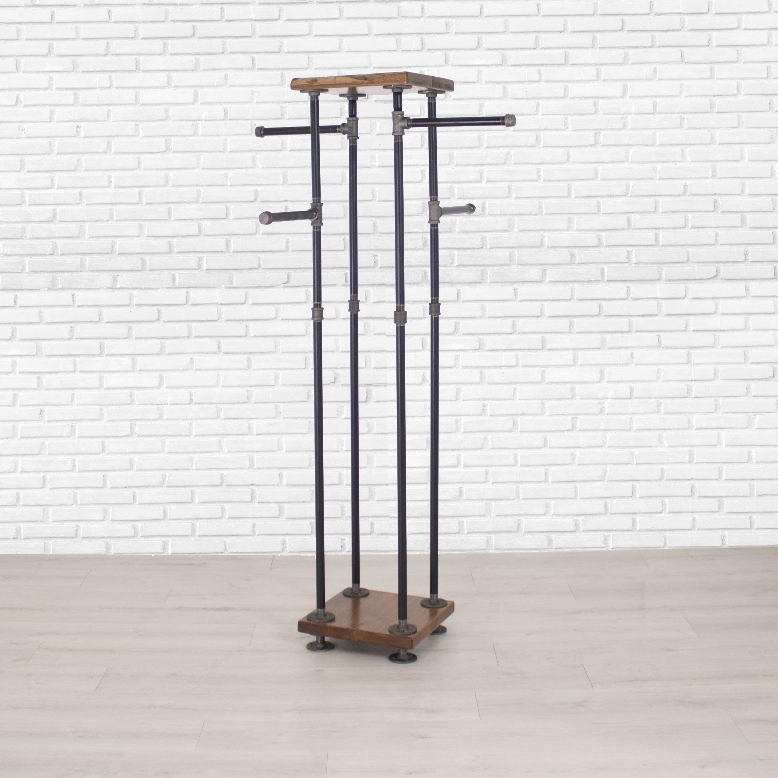4-Way Industrial Pipe & Wood Garment Rack - Heavy Duty Clothing Storage Organizer with Display Shelf for Bedroom, Closet, Boutique & Retail Store