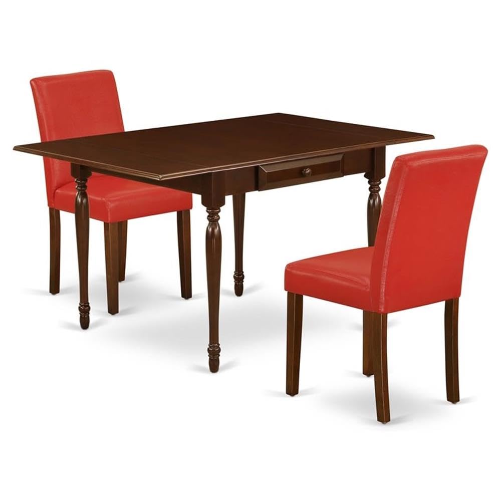 East West Furniture 3-Piece Dining Table Set with Drop Leaf - 36x54 Inch Mahogany Table & 2 Firebrick Red Faux Leather Chairs | Modern Space-Saving Dining Room Furniture for Small Apartments & Breakfast Nooks