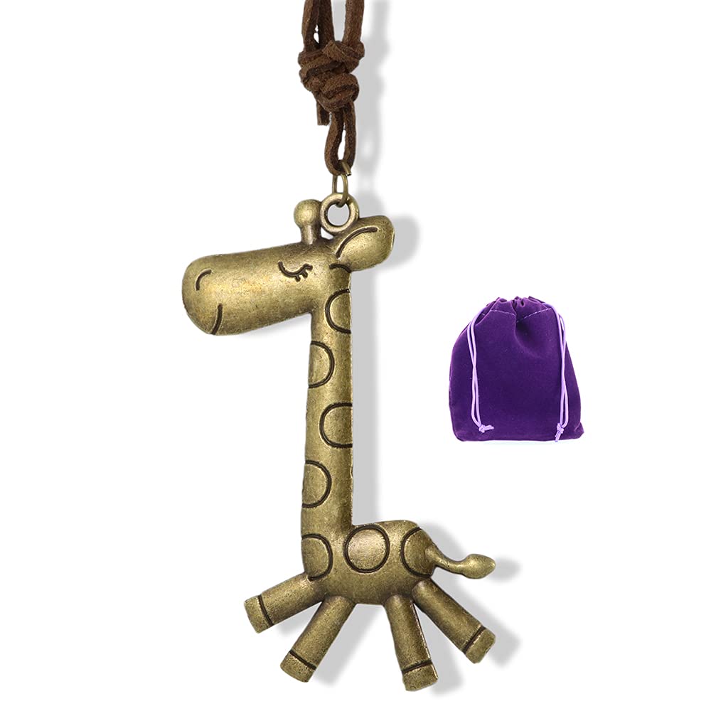 Emerald Park Jewelry - Brass Cartoon Giraffe Charm Leather Cord Necklace for Women | Trendy Animal Jewelry Gift for Birthday, Party & Everyday Wear