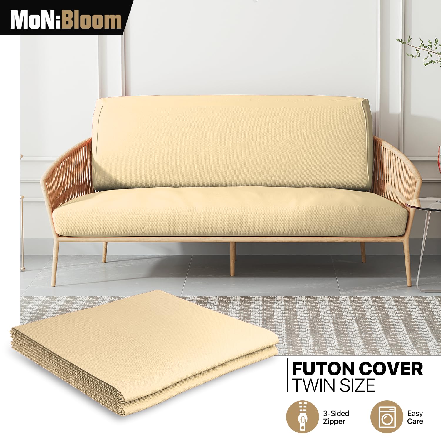 MoNiBloom Twin Futon Cover - Stretchable Armless Sofa Slipcover with Zipper | Washable Furniture Protector for Adults, Kids & Pets | Perfect for Jackknife RV Sofas, Living Rooms & Dorm Decor (Khaki)