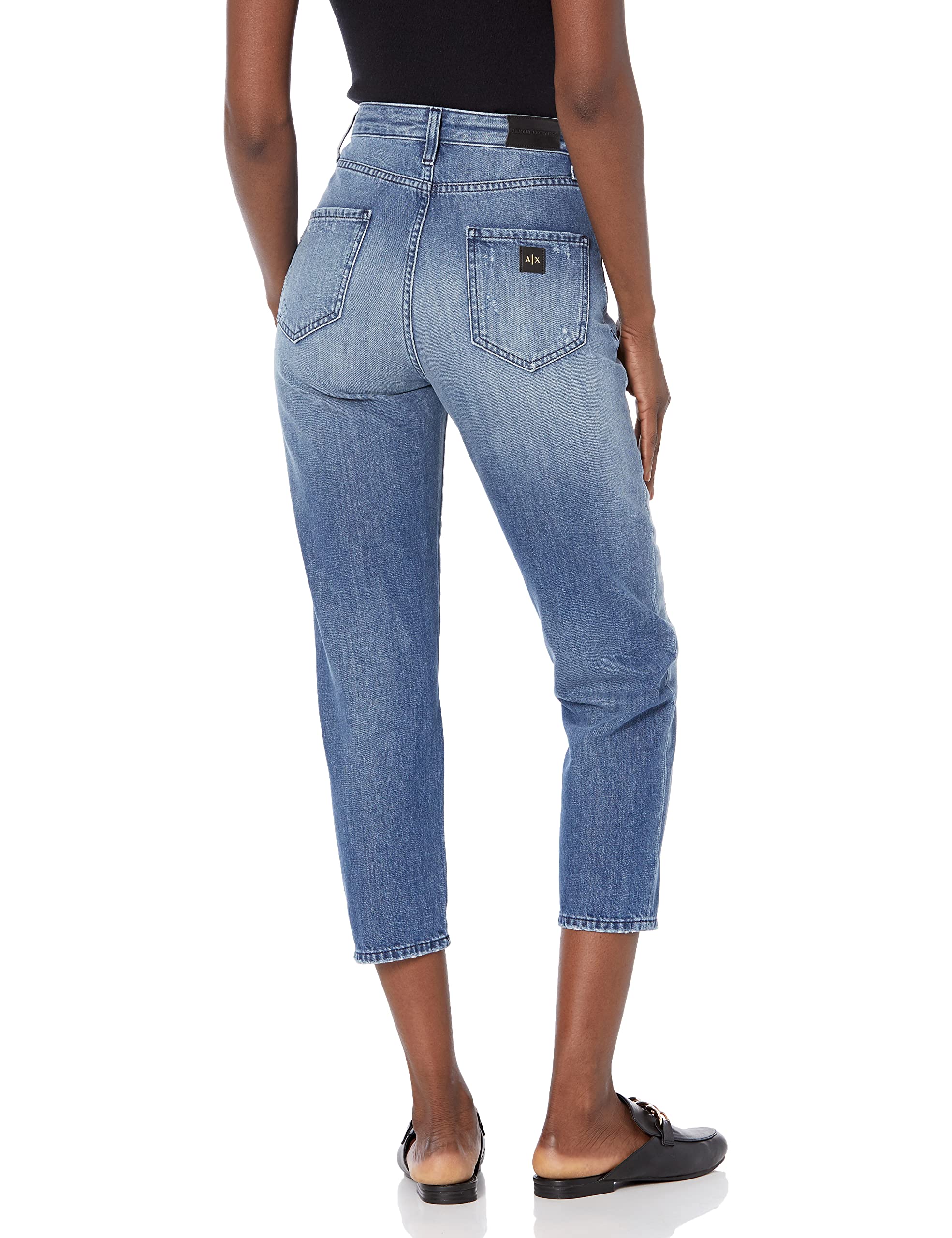 Armani Exchange Women's Distressed Boyfriend Jeans - High Waist 5 Pocket Cropped Denim Pants for Casual Wear | Trendy Street Style & Everyday Comfort