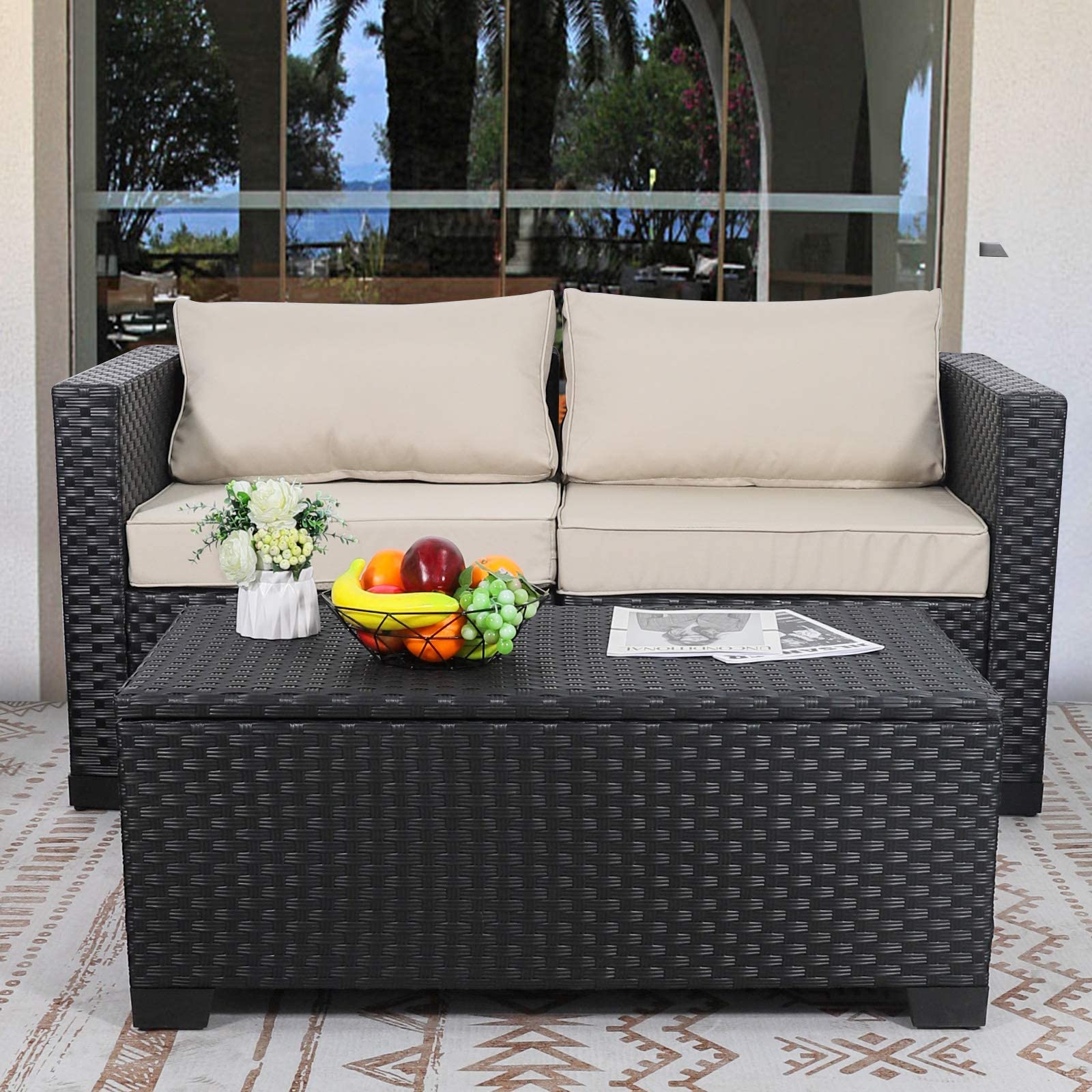 Rattaner Black All-Weather Wicker Patio Coffee Table with Storage & Waterproof Cover - Outdoor Side Table for Garden, Deck, Poolside & Backyard Relaxation