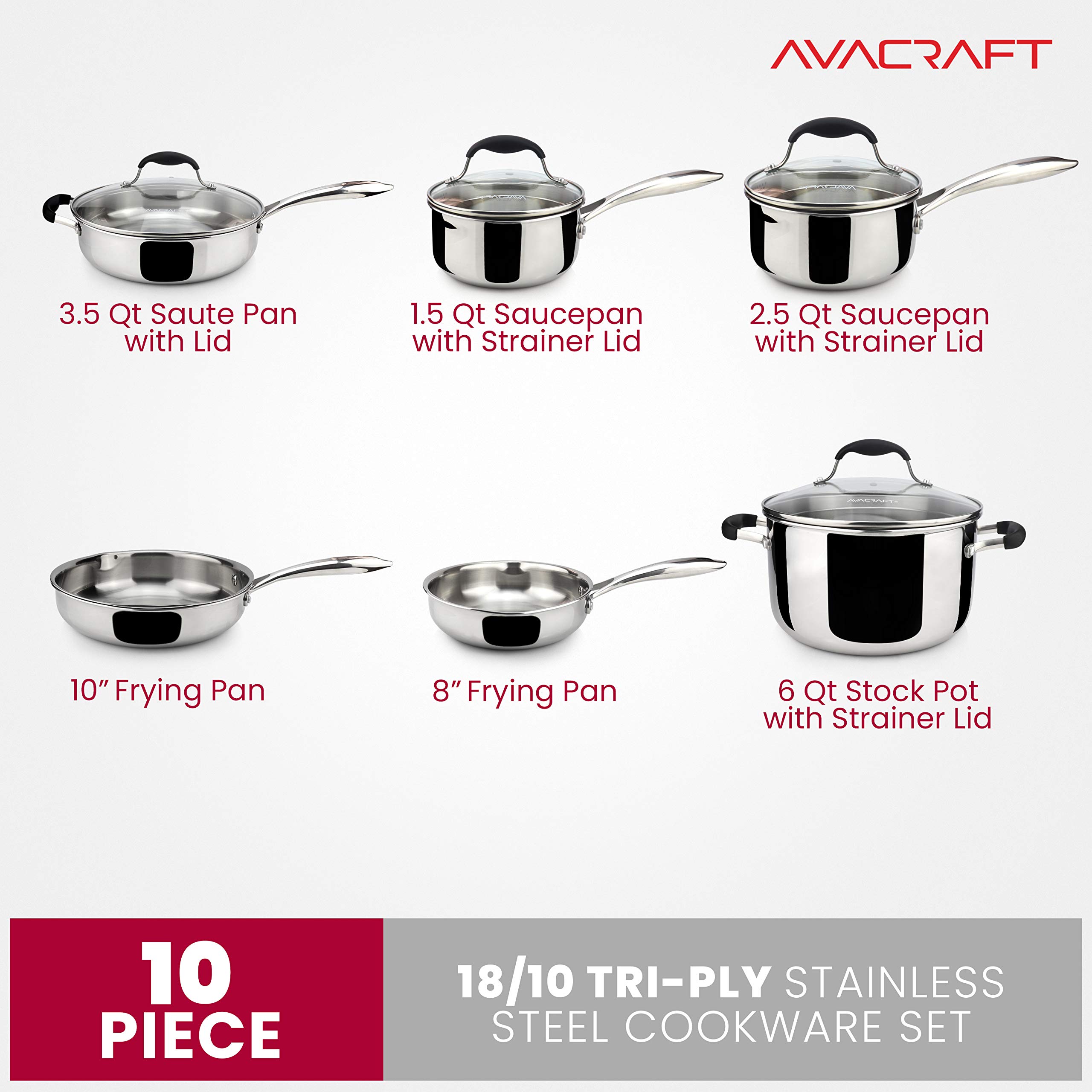 Premium AVACRAFT 18/10 Stainless Steel Cookware Set - 10-Piece Multi-Ply Pots and Pans Set for Professional Cooking | Durable Kitchen Essentials for Sauteing, Boiling & Frying | Ideal for Home Chefs & Restaurants