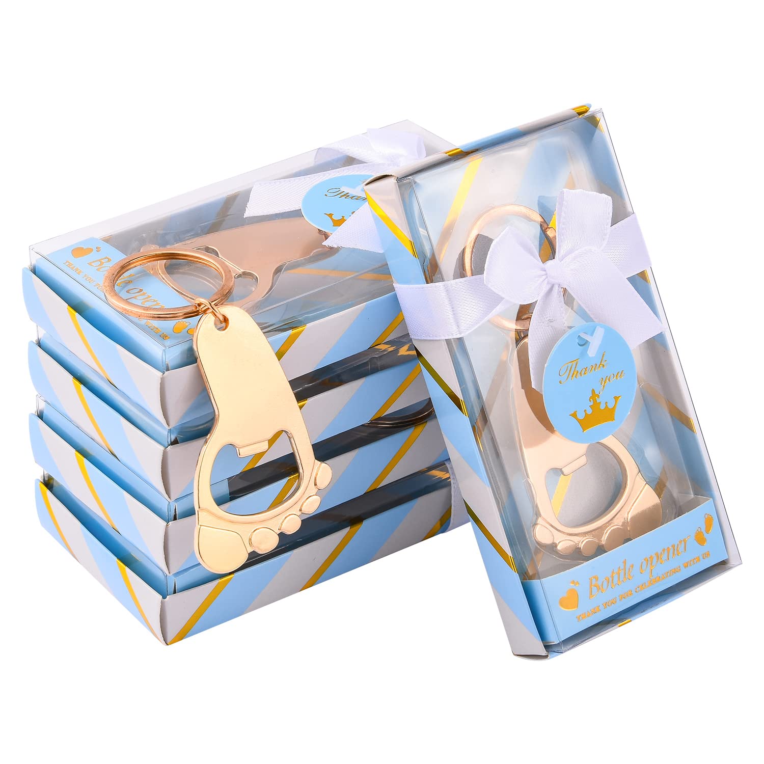24Pcs Baby Boy Footprint Keychain Bottle Openers - Cute Baby Feet Shaped Keyrings with Bottle Opener Function - Perfect Baby Shower Favors, Birthday Party Gifts & Return Gifts (Comes in Blue Gift Boxes) - Great for Newborn Celebrations, Christening Parties & Gender Reveal Events