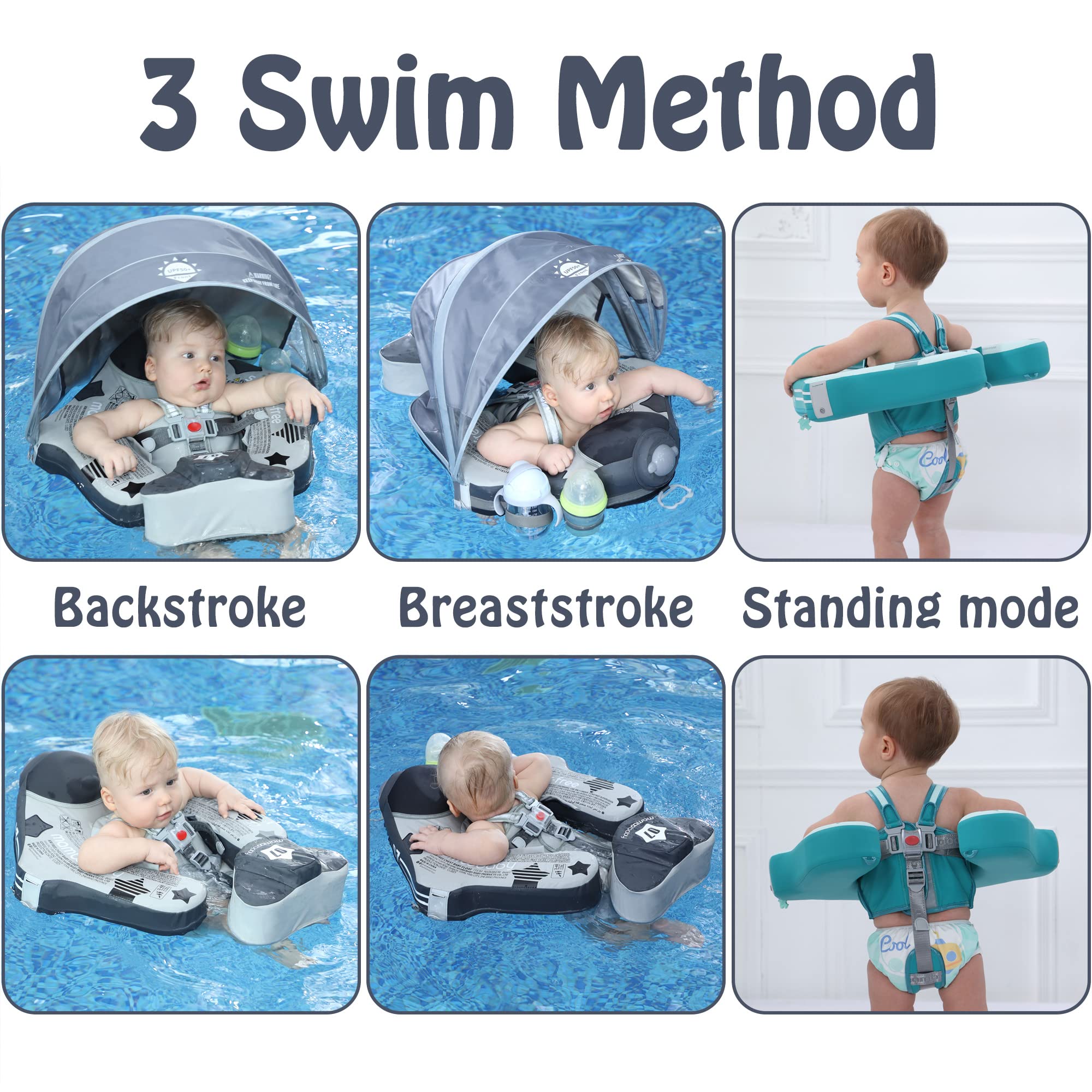 Upgraded Mambobaby Float with Canopy & Adjustable Safety Strap - Non-Inflatable Infant Swim Trainer Waist Ring for Babies (Grey Airplane) - Perfect for Pool, Beach & Water Safety Training