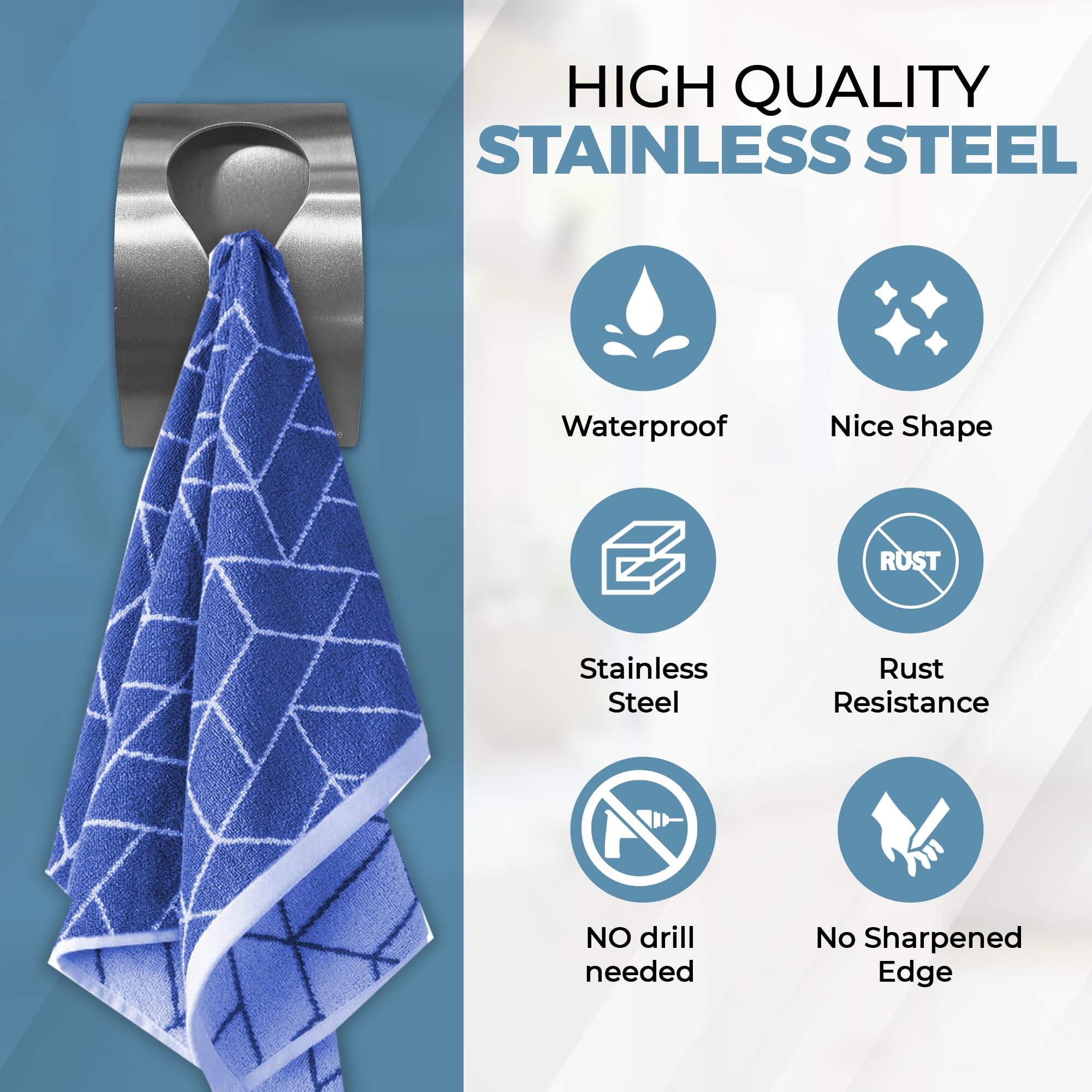 Stainless Steel Self-Adhesive Towel Hook Holder - No Drill Wall Mount for Kitchen, Bathroom & Laundry - Perfect for Hanging Dish Towels, Hand Towels & Tea Towels