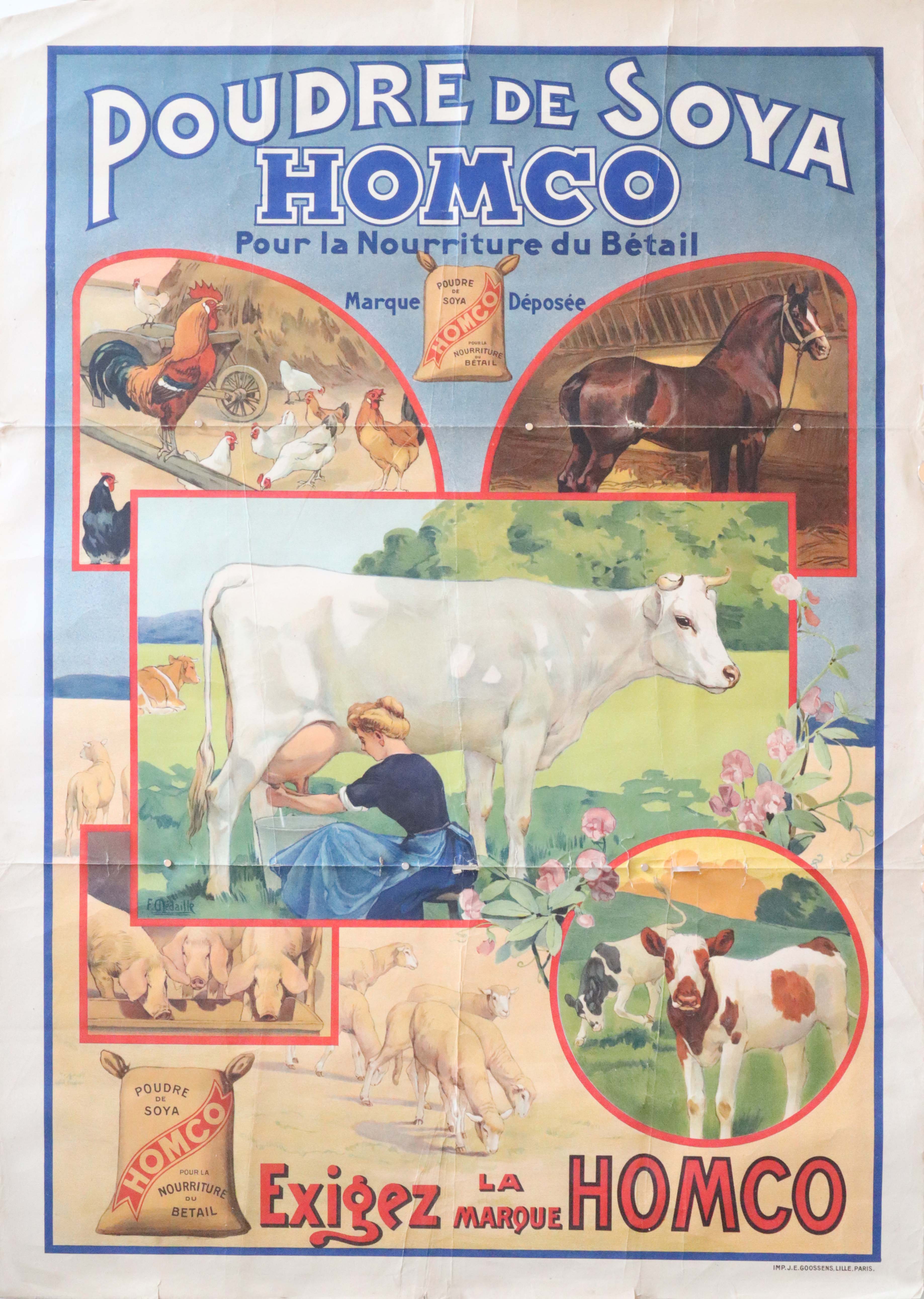 1920s Original Vintage Cattle Feed Poster - Homco Poudre de Soya Livestock Nutrition - Perfect for Farmhouse Decor, Retro Kitchen Wall Art & Vintage Advertising Collectors