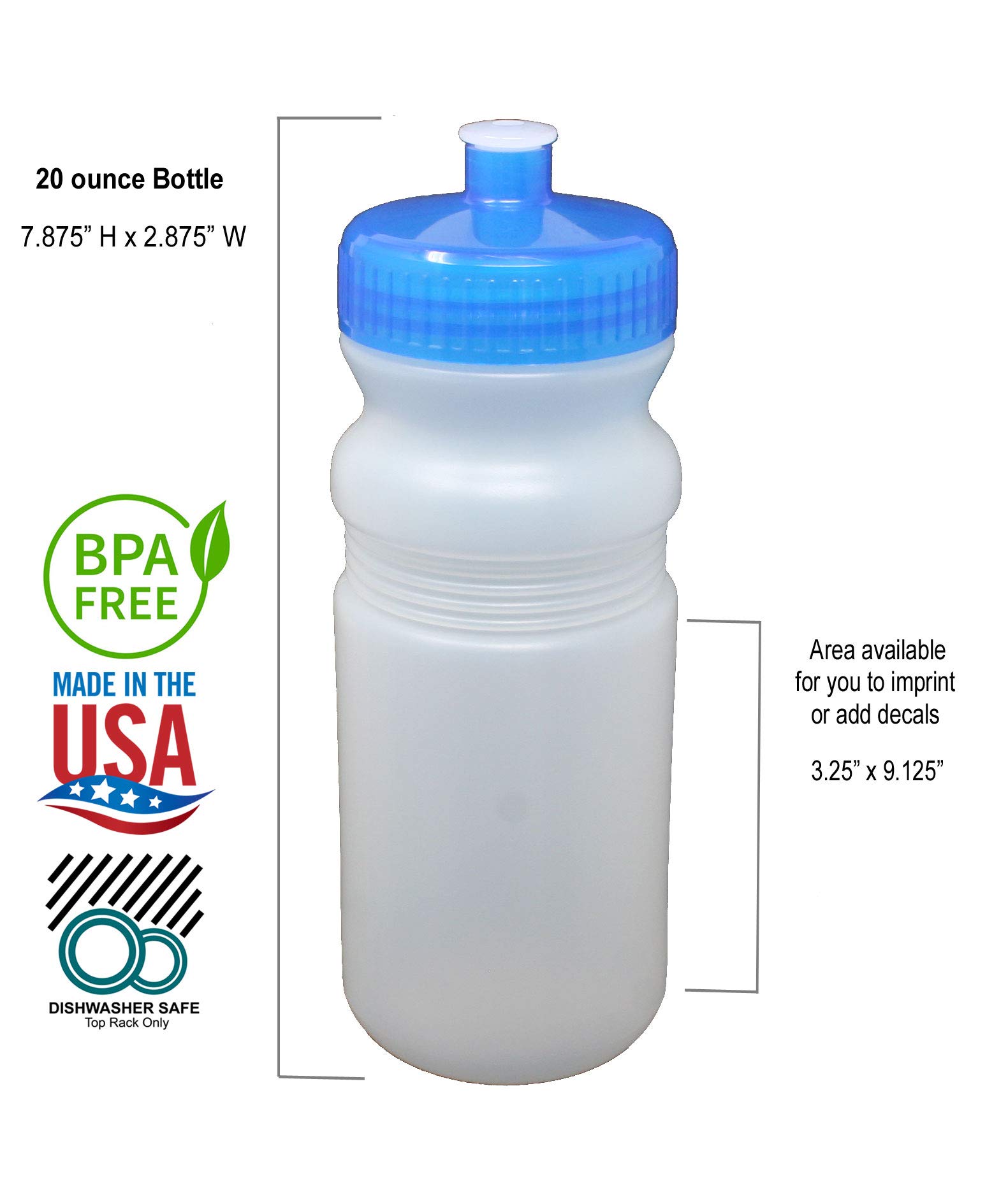 Rolling Sands 20oz BPA-Free Sports Water Bottles 100 Pack - Dishwasher Safe, Made in USA - Perfect for Gyms, Schools, Offices & Team Events