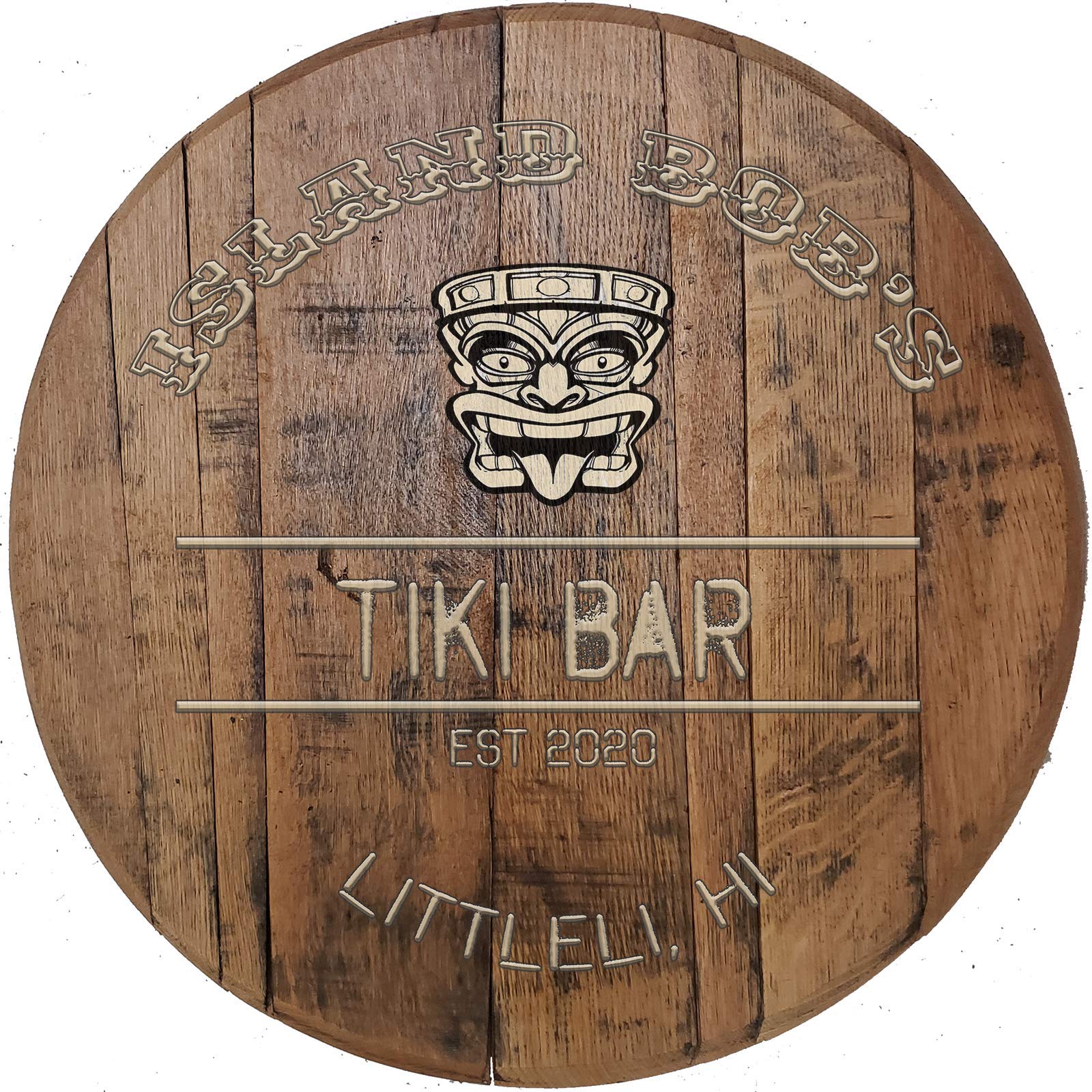Personalized Oak Barrel Tiki Bar Sign - Custom Whiskey Barrel Wall Art for Man Cave, Home Bar Decor - Perfect for Rustic & Tropical Themed Parties, Gifts & Whiskey Lovers