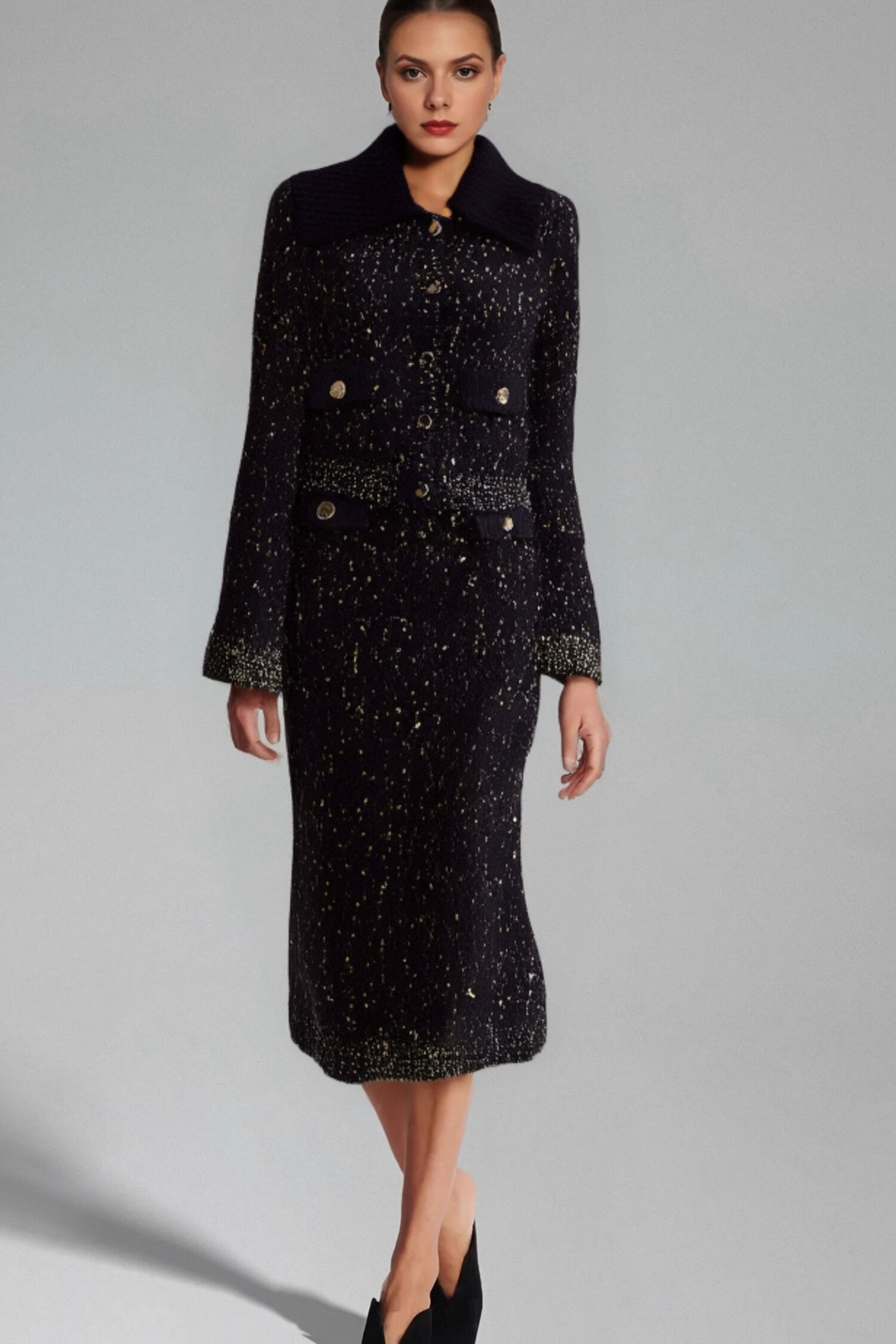 Claudine Navy Blue Crochet Knit Jacket & Skirt Matching Set - Stylish Outfit for Women, Perfect for Spring & Summer, Beach, Vacation, and Casual Wear