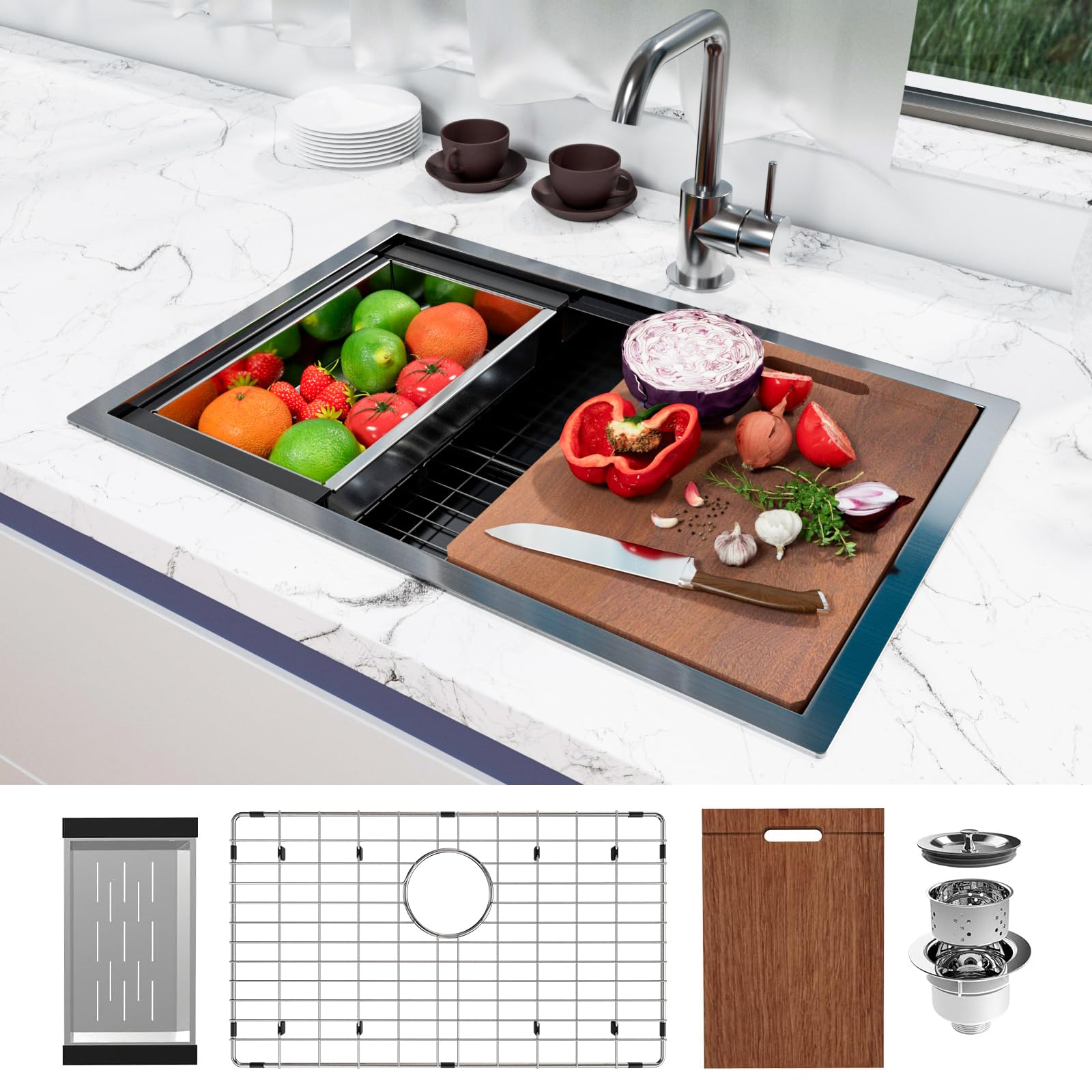 **Davivy 27x18 Inch Undermount Single Bowl Kitchen Sink - 16 Gauge Stainless Steel Workstation Sink with Single Track & Accessories - Perfect for Home & Commercial Kitchens**