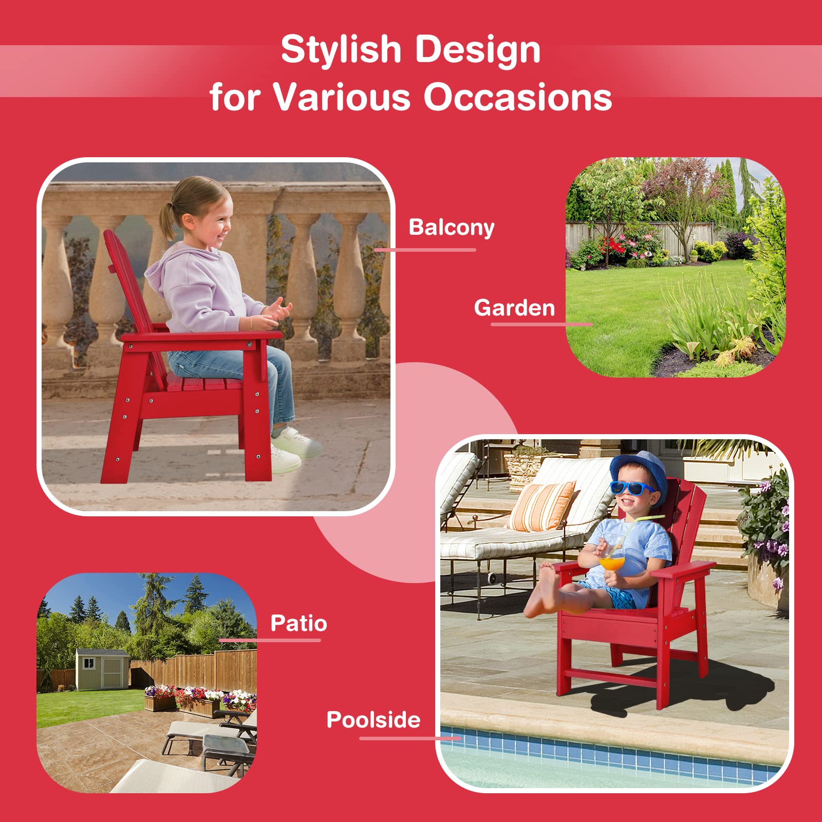 Giantex Kids Adirondack Chair - HDPE Patio Lawn Chair with Ergonomic Backrest for Outdoor & Indoor Use - Weather Resistant Toddler Outdoor Furniture for Deck, Porch, Backyard, Poolside (Red) - Perfect for Relaxing, Sunbathing and Family Gatherings