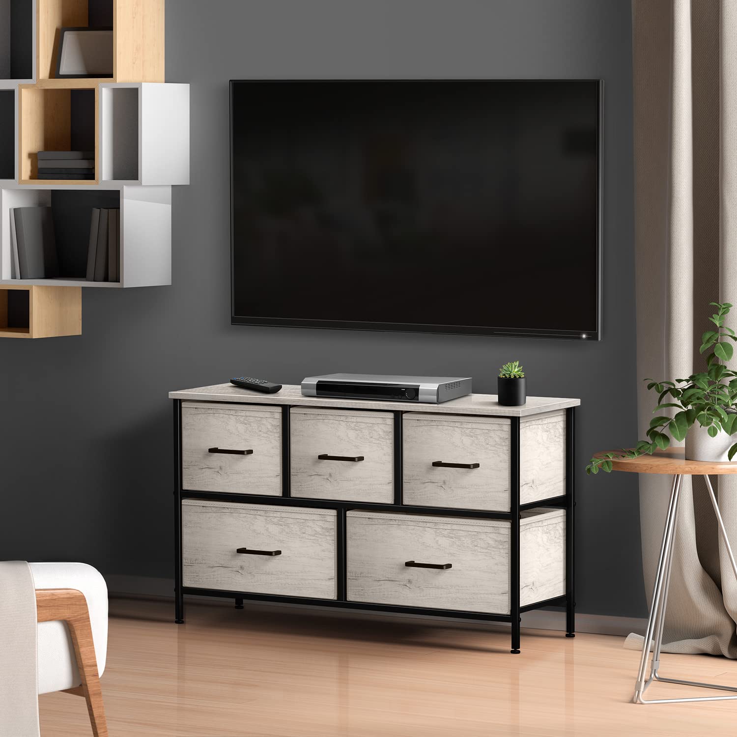 Sorbus 5-Drawer Faux Wood Dresser - Clothes Storage Organizer with Steel Frame & Wood Top - Easy Pull Fabric Bins for Bedroom, Hallway, Living Room, Closet & Dorm - Perfect for Small Space Organization & Home Decor