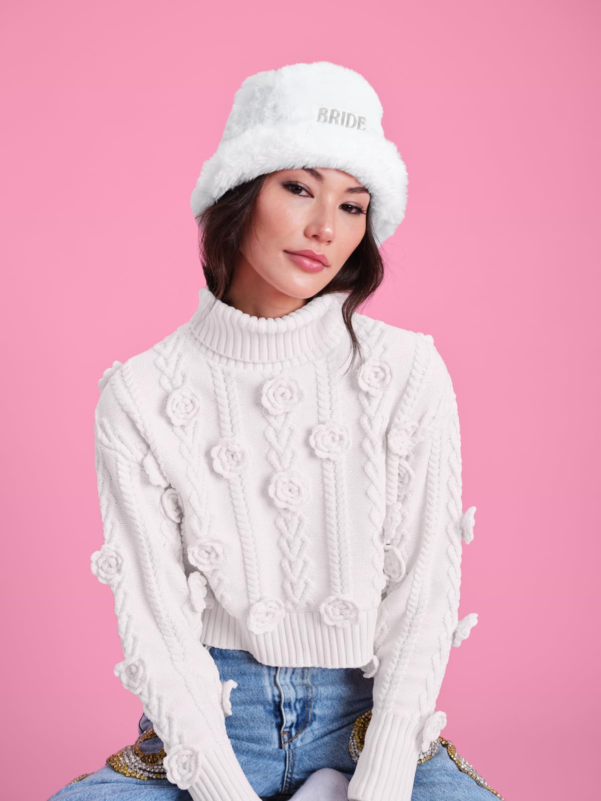 Fetti Bachelorette Party Decorations White Bride Fur Bucket Hat - Bach Party Decor, Bride to Be Gift, Cloud Nine Cool Winter Hat for Women - Perfect for Bachelorette Parties, Bridal Showers & Winter Weddings