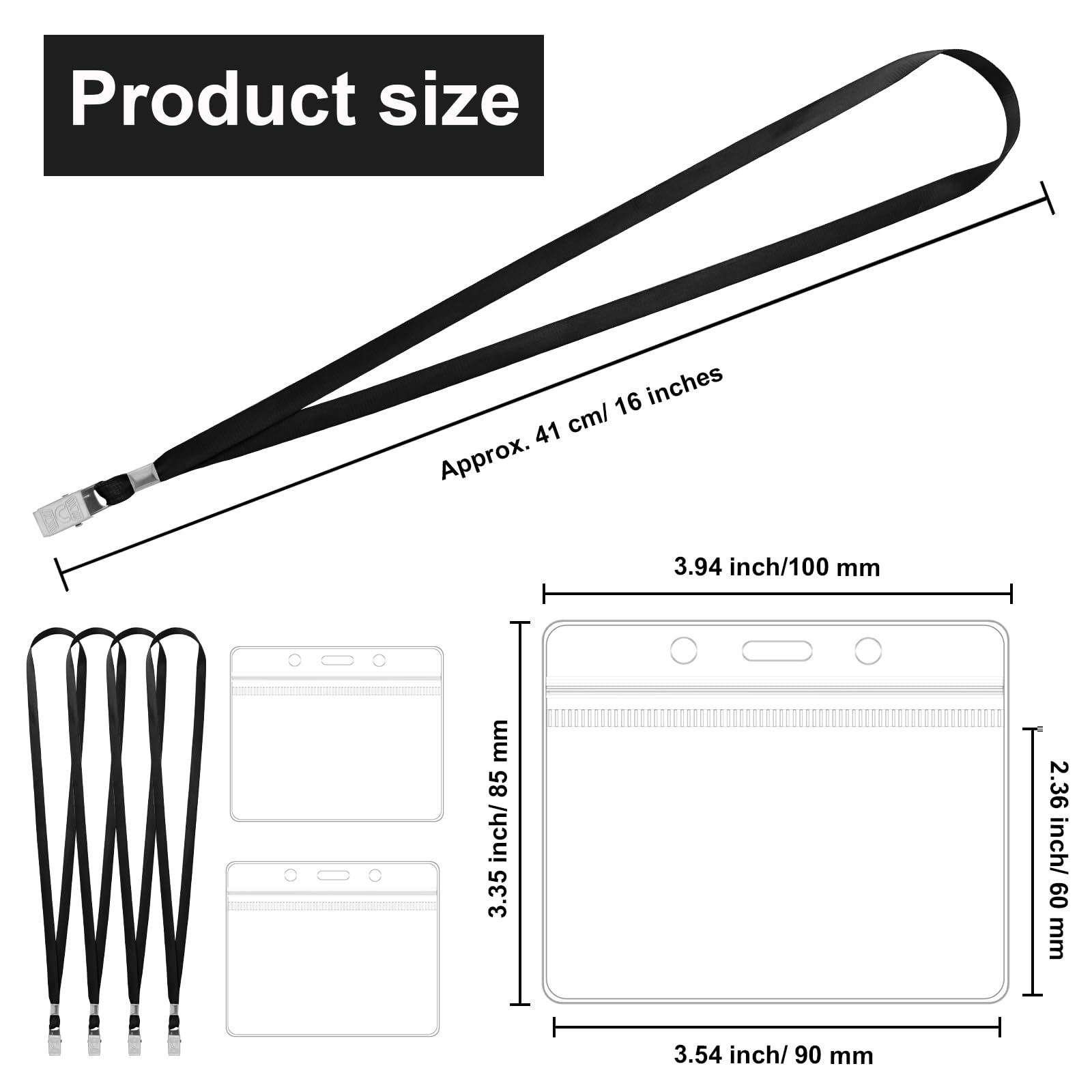 100 Pcs Lanyards & Name Tag Holders - Reusable ID Badge Set for Office, School & Events (Black)