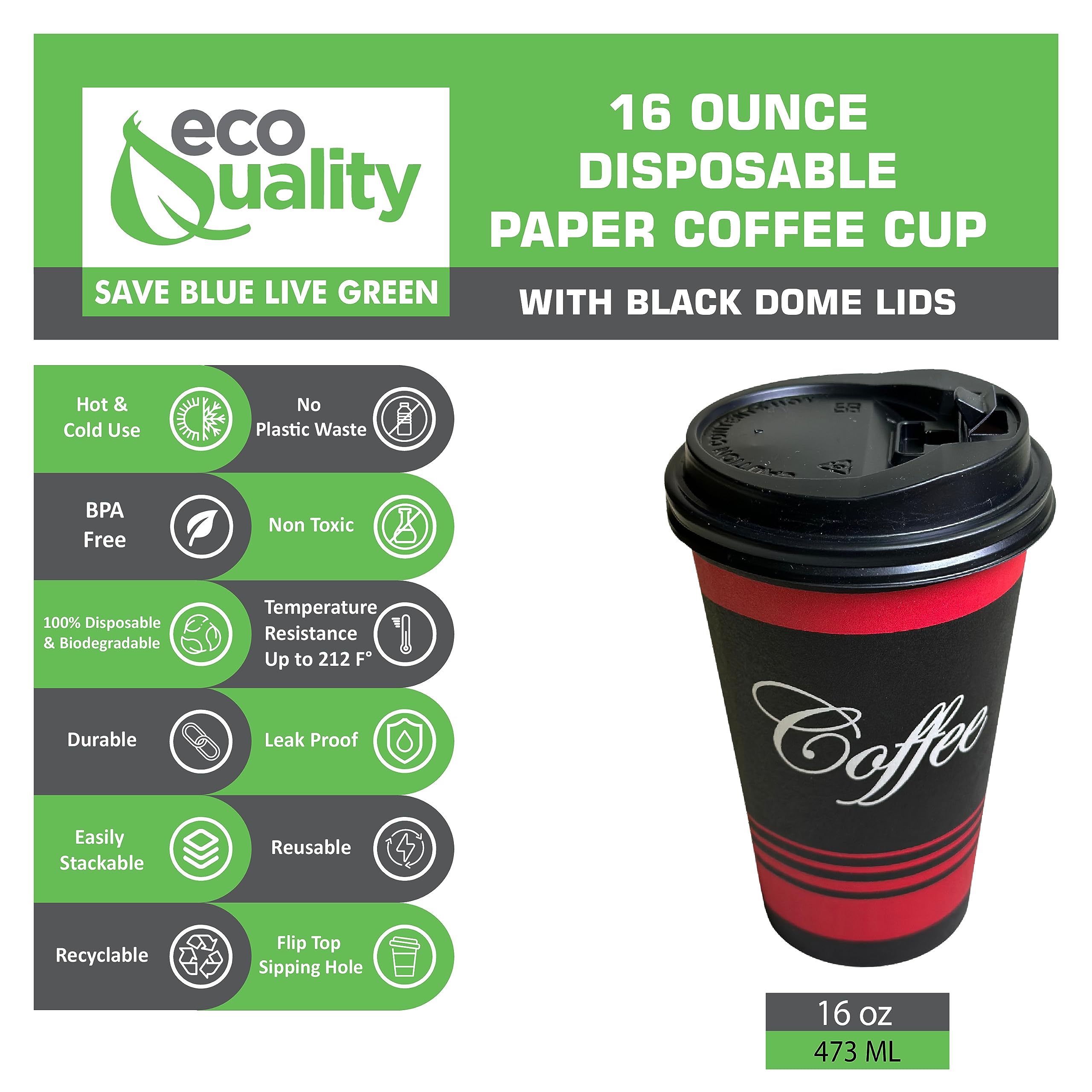 400 Pack 16oz Disposable Paper Coffee Cups with Black Dome Lids - Eco-Friendly Hot & Cold Drink Cups for Coffee, Tea, Cocoa - Perfect for Travel, Office, Home, Cafes & Takeout - Compostable & Biodegradable