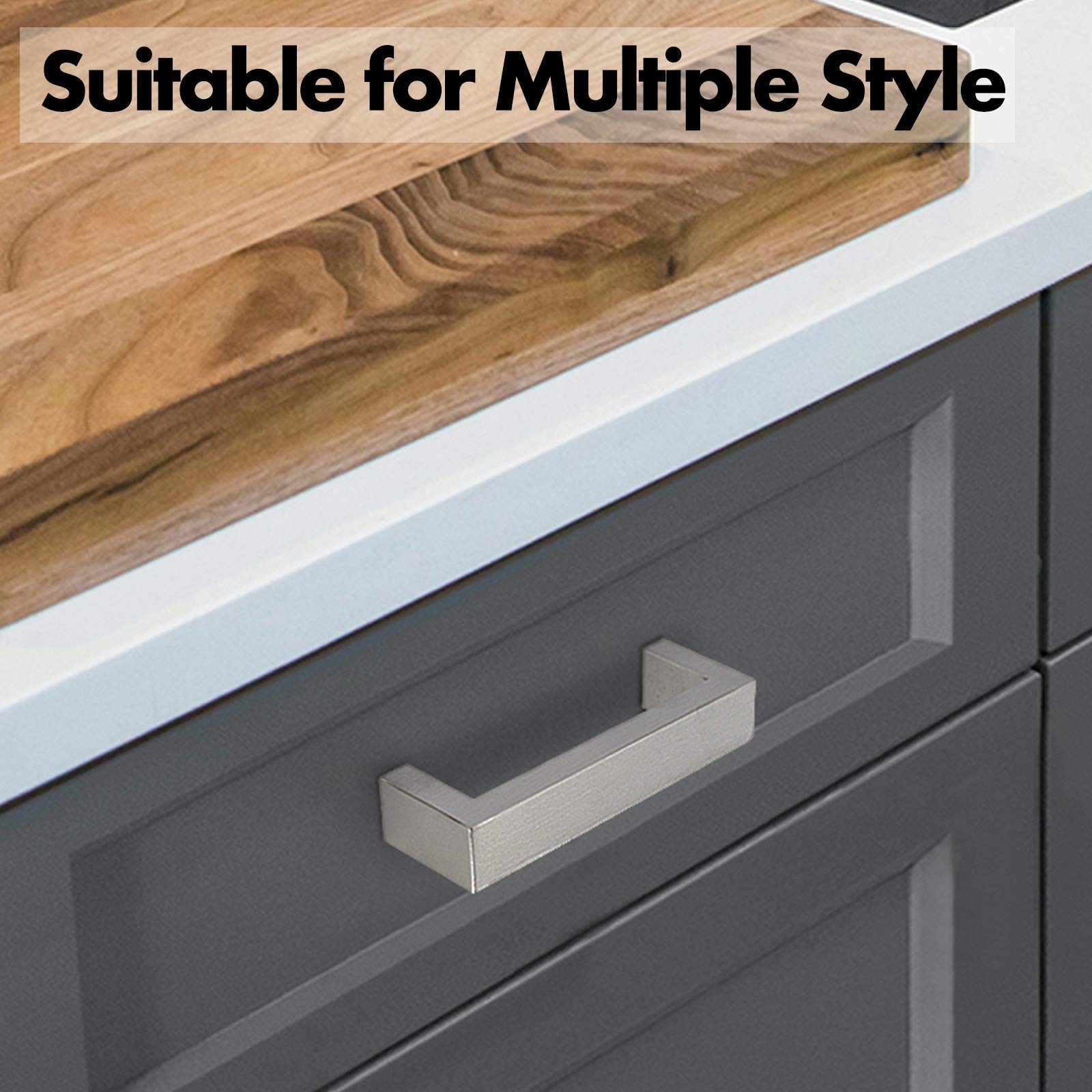5 Pack Brushed Nickel Cabinet Handles - 3-3/4 Inch (96mm) Hole Center Square Bar Drawer Pulls, Stainless Steel Wide Style Kitchen Cabinet Hardware for Dresser, Cupboard & Home Renovation - Perfect for Modern Kitchen & Bathroom Upgrade