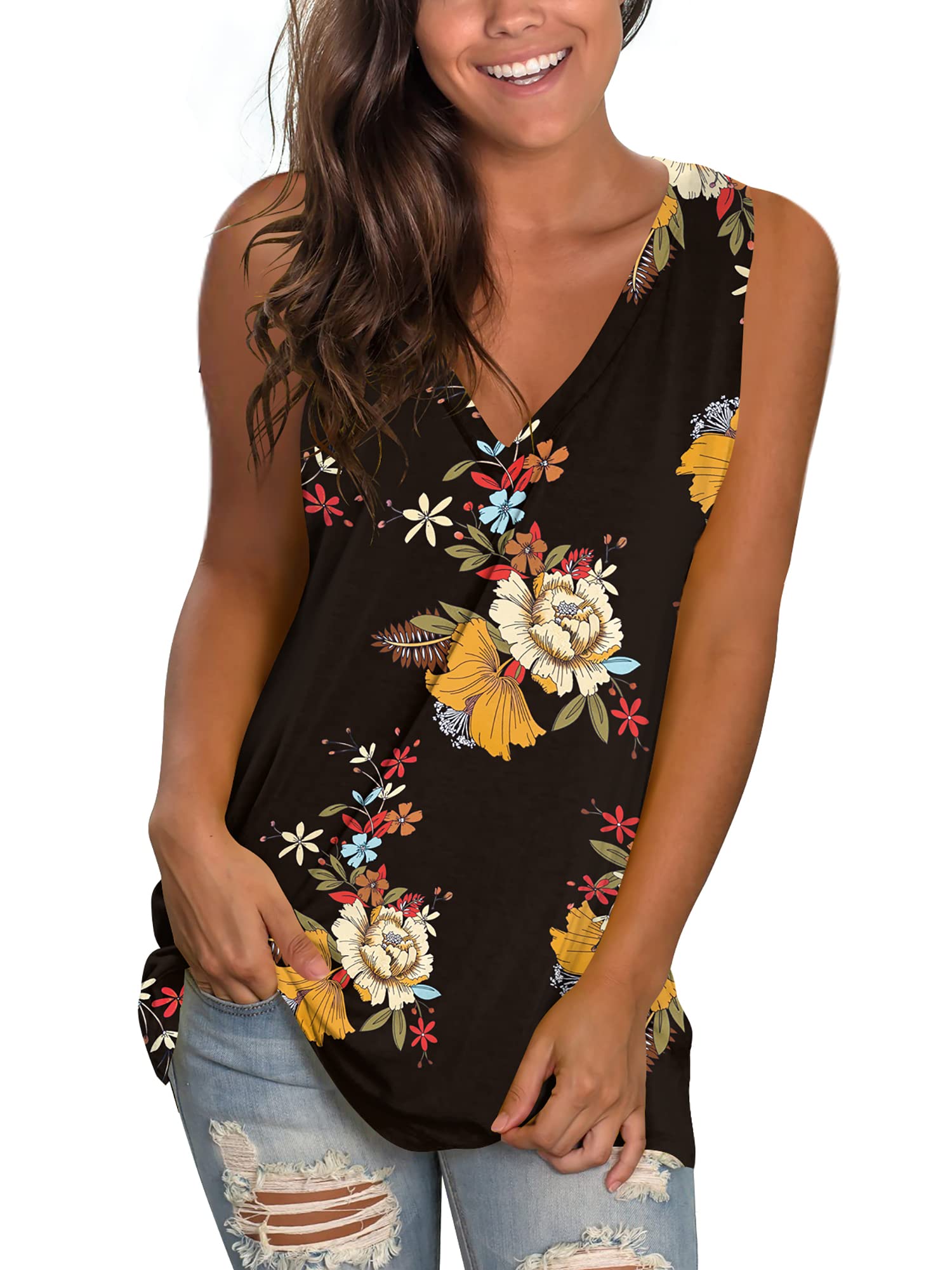 Women's Floral V-Neck Sleeveless Tank Tops with Side Split - Breathable Summer Casual T-Shirt for Gym, Yoga, Beach & Everyday Wear