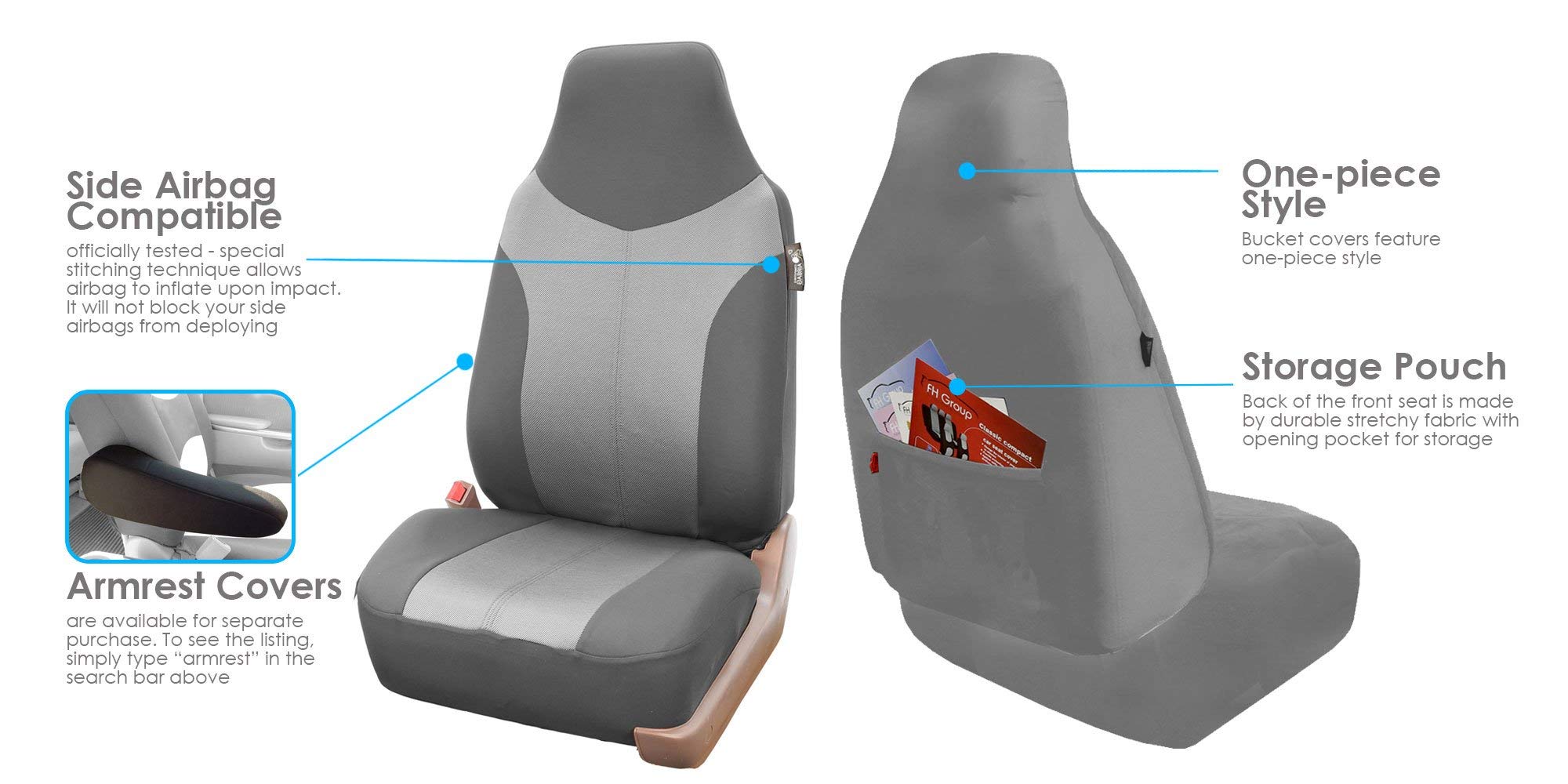 FH Group Universal Fit Automotive Seat Covers - Split Bench Rear & 1-Piece Front Set in Supreme Twill Light Gray | Compatible with SUV, Sedan & Small Cars | Airbag Safe | Perfect for Road Trips, Daily Commutes & Car Protection