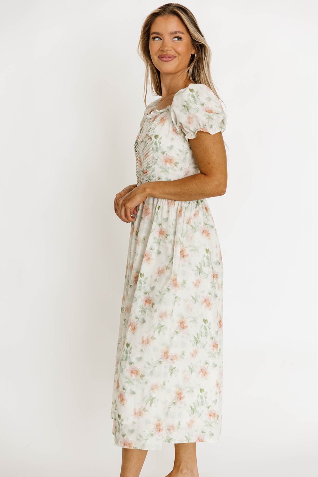 Azalea Ruched Puff Sleeve Midi Dress - Ivory Floral Print Summer Dress for Women, Perfect for Weddings, Parties & Date Nights