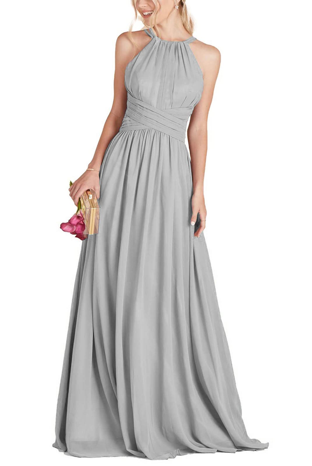 PrettyTatum Women's Halter Bridesmaid Dresses - Long Formal Prom Gown with A-Line Pleated Chiffon Skirt | Perfect for Weddings, Parties & Special Occasions