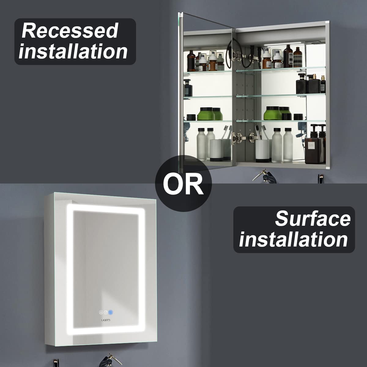 26 x 20 Inch LED Bathroom Medicine Cabinet with Mirror - Recessed/Surface Mounted, Defogger & Dimmer - Single Door Glass Cabinet for Modern Bathrooms, Vanities & Powder Rooms