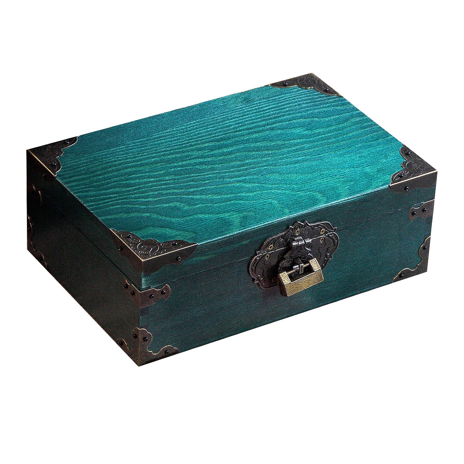 Handmade Vintage Wooden Keepsake Box with Lock & Key - Peacock Blue Jewelry Storage Box, 9.8x6.7x3.5 Inch - Perfect for Jewelry Organization, Wedding Gift Box & Home Decor