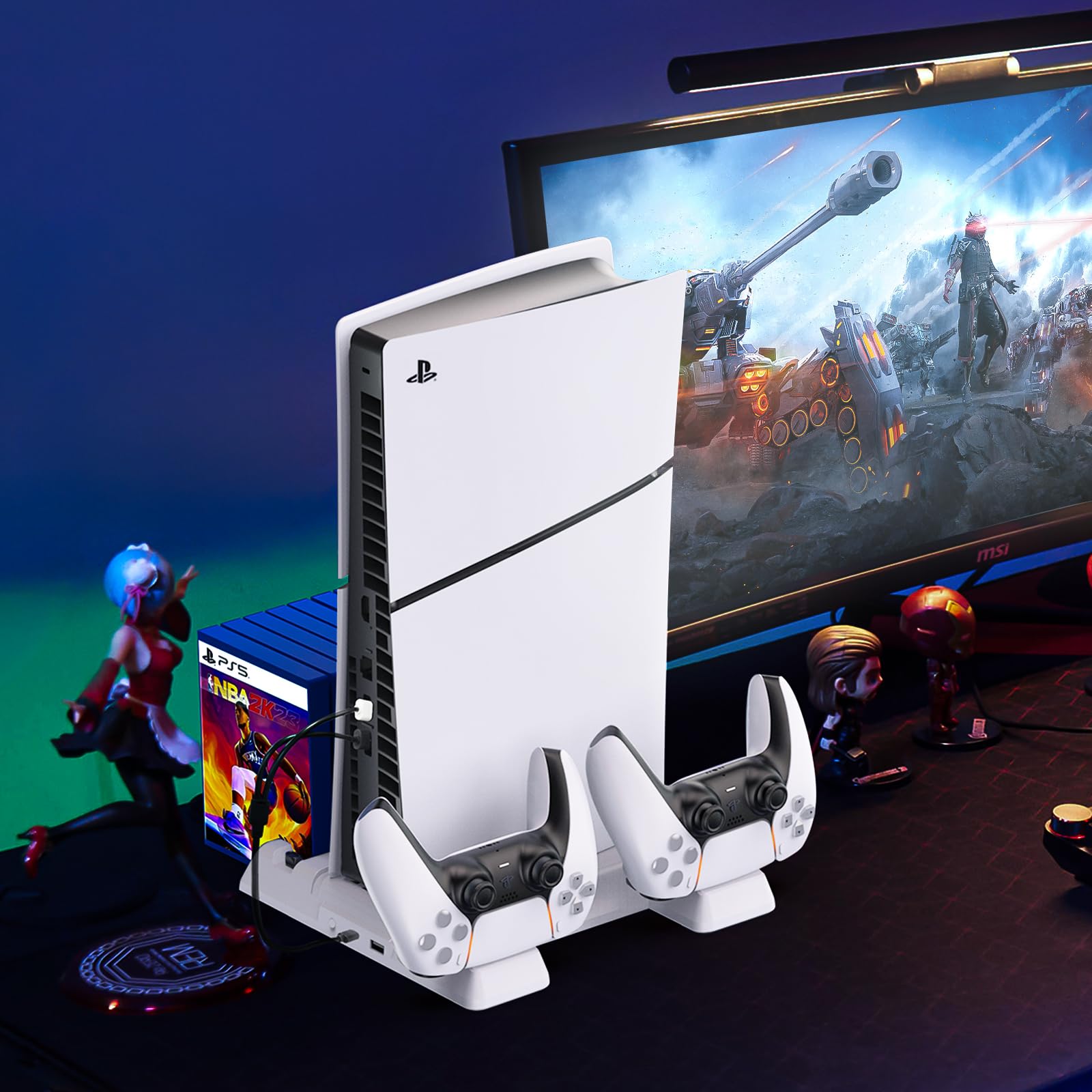 DOBE FOMIS PS5 Slim Stand with Cooling Fan & Controller Charger - 3-Speed Cooling Station for PlayStation 5 Disc/Digital Edition - Includes 4 USB Hub, 11 Game Storage Slots & Mounting Screws - Perfect for Gaming Setup & Console Protection
