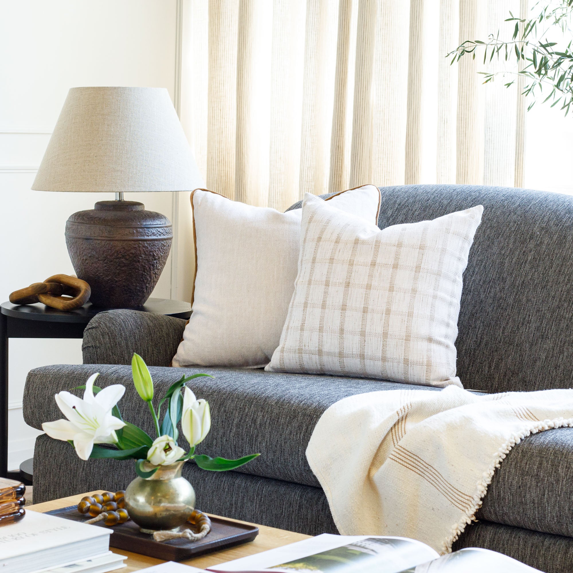 Harriet Check 20x20 Decorative Throw Pillow Cover - Natural Linen Square Cushion for Sofa, Bed & Home Decor