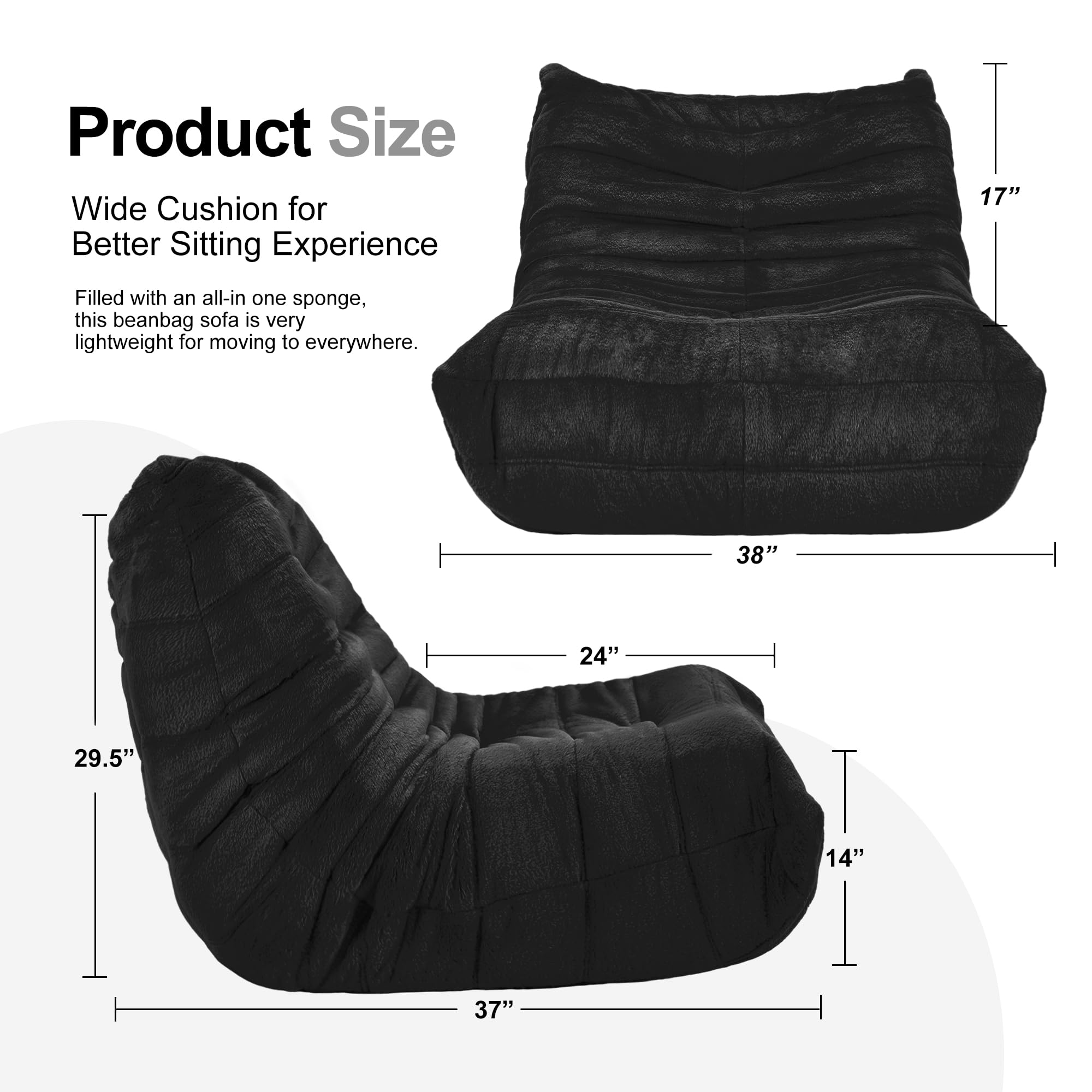 **Hobestluk Giant Memory Foam Bean Bag Chair for Adults - Soft Faux Fur Lazy Sofa, Large Comfy Lounger for Living Room, Bedroom, Dorm & Office - Perfect for Relaxing, Gaming & Movie Nights (Black Plush)**