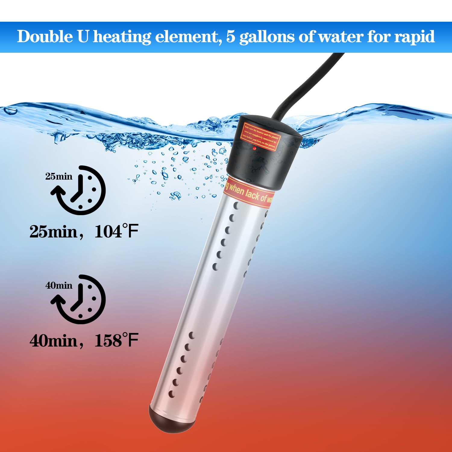 2000W Stainless Steel Immersion Water Heater with Digital LCD Thermometer - Bucket Heater for Pool, Bathtub, Inflatable Pool | Fast Heating for Home, Camping & Outdoor Use