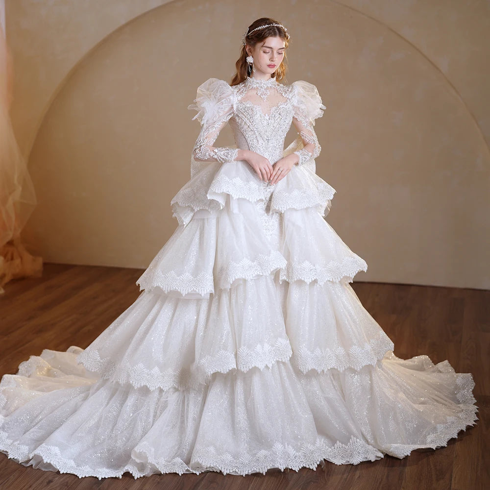 Elegant O-Neck Long Sleeve Wedding Gown with Tiered Bow & Sequins - Perfect for Bridal Ceremonies, Vow Renewals, and Formal Events