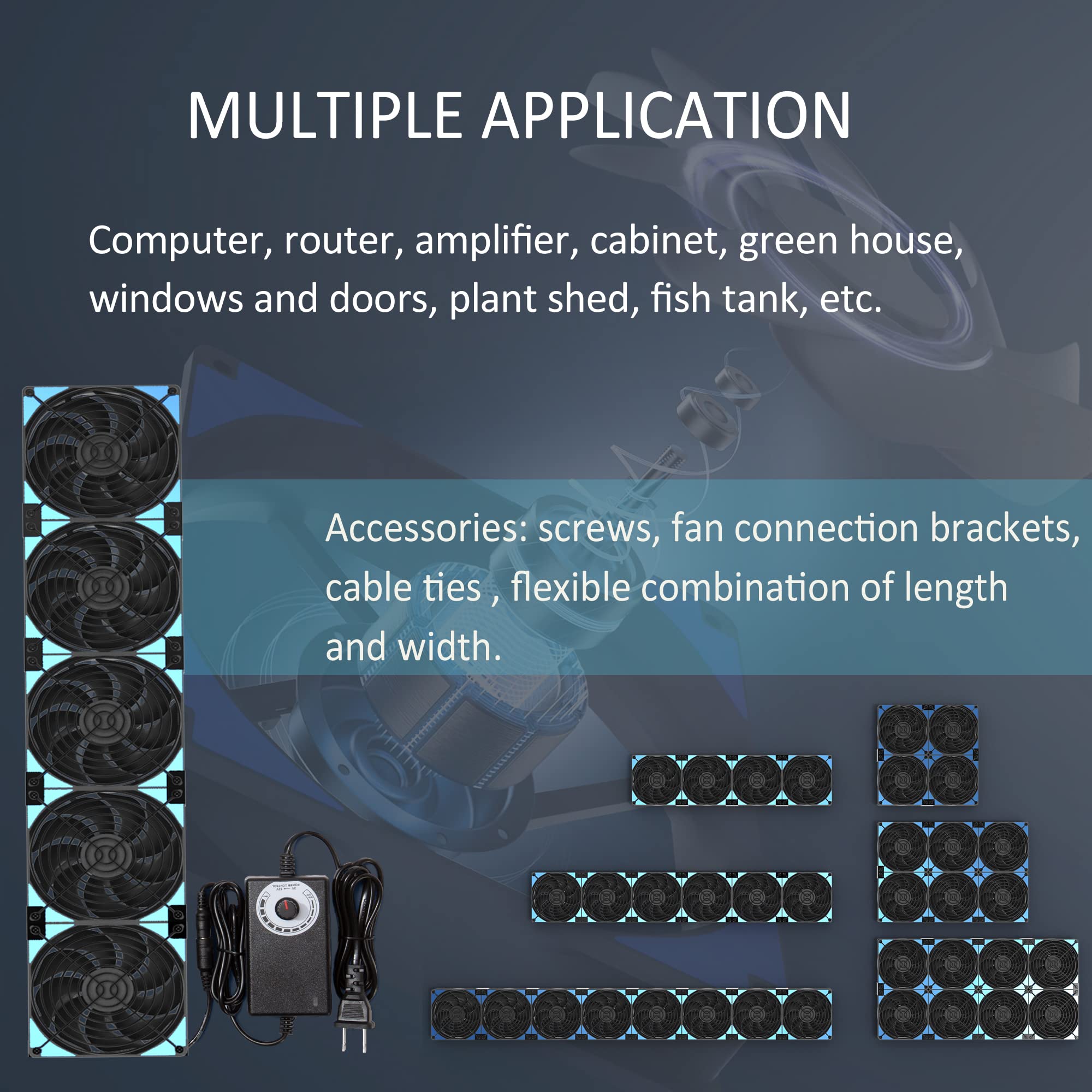 120mm x 5 600mm Adjustable PC Case Fans with AC Plug, 3V-12V Speed Controller - Flexible Rack/Wall/Cabinet Mount for Server, Mining Rig, Chicken Coop & Home Ventilation Cooling System (Ideal for Computer, Data Center, Greenhouse & Pet Housing Air Circulation)